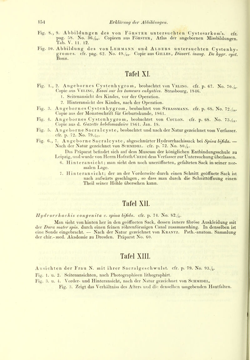 Fig. 8., 9. Abbildungen des von Förster untersuchten Cystosarkom's. cfr. pag. 58. No. 36./20. Copieen aus Förster, Atlas der angebornen Missbildungen Tab. V. 11. 12. Fig:. 10. Abbildung des g r o m e s. Bonn. g des vouLehmann und Albers untersuchten Cystenhy- cfr. pag. 62. No. 49./,3. Copie aus Gilles, Dissert. inaiig. De hygr. cyst. Tafel XL Fig. 1., 2. Angebornes Cystenhygrom , beobachtet von Veling. cfr. p. 67. No. O./g. Copie aus Veling, Essai sur les tumeurs enkystees. Strasbourg, 1846. \. Seitenansicht des Kindes, vor der Operation. 2. Hinteransicht des Kindes, nach der Operation. Fig. 3. Angebornes Cys t enhygr om , beobachtet von Strassmann. cfr. p. 68. No. 72./m. Copie aus der Monatsschrift für Geburtskunde, 1861. Fig. 4. Angebornes Cy stenhygrom, beobachtet von Coulon. cfr. p. 68. No. l'd./a. Copie aus d. Gazette hebdomadaire 1861. Jan. 18. Fig. 5. Angeborne Sacralcyste, beobachtet und nach der Natur gezeichnet vom Verfasser, cfr. p. 7 2. No. 79./,^. Fig. 6., 7. Angeborne Sacralcyste , abgeschnürter Hydrorrhachissack bei-S^e'wa — Nach der Natur gezeichnet von Schmidel. cfr. p. 72. No. 8O./1. Das Präparat befindet sich auf dem Museum der königlichen Entbindungsschule zu Leipzig, und wurde von Herrn Hofrath Crede dem Verfasser zur Untersuchung überlassen. 6. Hinteransicht; man sieht den noch uneröffneten, gefalteten Sack in seiner nor- malen Lage. 7. Hinteransicht; der an der Vorderseite durch einen Schnitt geöffnete Sack ist nach aufwärts geschlagen, so dass man durch die SchnittöfFnung einen Theil seiner Höhle übersehen kann. Tafel XIL Hydrorrhachis congetiita c. spina bifida, cfr. p. 74. No. 82.^. Man sieht von hinten her in den geöffneten Sack, dessen innere fibröse Auskleidung mit der Dura mater spin. durch einen feinen röhrenförmigen Canal zusammenhing. In denselben ist eine Sonde eingebracht. — Nach der Natur gezeichnet von Krantz. Path.-anatom. Sammlung der chir.-med. Akademie zu Dresden. Präparat No. 60. Tafel XIIL Ansichten der Frau N. mit ihrer Sacralgeschwulst. cfr. p. 79. No. 93./a. Fig. 1. u. 2. Seitenansichten, nach Photographieen lithographirt. Fig. 3. u. 4. Vorder- und Hinteransicht, nach der Natur gezeichnet von ScHMiDELt Fig. 3. Zeigt das Verhältniss des Afters und die denselben umgebenden Hautfalten.