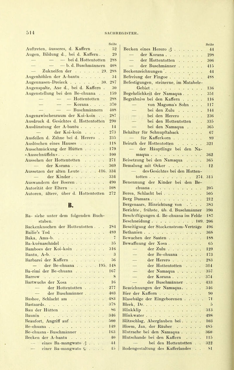 Seite Auftreten, äusseres, cl. KafFern ... 52 Augen, Bildung d., bei d. Kaffern. . 29 — — — bei d. Hottentotten 288 — — —b. d. Buschmännern 408 — Zukneifen der 29. 288 Augenhöhlen der A-bantu 34 Augennasen-Dreieck 30. 287 Augenspalte, Axe d., bei d. Kaffern . 30 Augenstellung bei den Be-chuana . . 159 — — — Hottentotten . 288 — — — Korana .... 370 — — — Buschmännern 408 Augenzwischenraum der Koi-koin . . 287 Ausdruck d. Gesichtes d. Hottentotten 290 Ausdünstung der A-bantu 14 — der Koi-koin 273 Ausfeilen d. Zähne bei d. Herero . . 235 Auslöschen eines Hauses 118 Ausschmückung der Hütten 179 »Ausschnüffeln« 100 Aussehen der Hottentotten 271 — der Korana 369 Aussetzen der alten Leute . . . .110. 334 — der Kinder 334 Auswandern der Boeren 490 Autorität der Eltern 108 Autoren, ältere, über d. Hottentotten 272 B. Ba- siehe unter dem folgenden Buch- staben. Backenknochen der Hottentotten . . . 284 Bailie's Tod 489 Baka, Ama-b 7 Ba-kuenaschädel 35 Bamboes der Koi-koin 316 Bantu, A-b 3 Barbarei der Kaffern 56 — der Be-chuana 195. 148 Ba-rimi der Be-chuana 167 Barrow 8 Bartwuchs der Xosa 16 — der Hottentotten 277 — der Buschmänner 403 Bashee, Schlacht am 483 Bastaards 378 Bau der Hütten 86 Baunin 346 Beaufort, Angriff auf 500 Be-chuana 149 Be-chuana-lJuschmänuer 163 Becken der A-bantu 40 — eines Ba-mangwato . . . . 44 I — einer Ba-mangwato Q . . . . 45 | Seite Becken eines Herero (J 44 — der Korana 298 — der Hottentotten 306 — der Buschmänner 415 Beckenzeichnungen 44 Befreiung der Fingoe ' . . . 488 Befestigungen, steinerne, im Matabele- Gebiet 136 Begehrlichkeit der Namaqua 351 Begräbniss bei den Kaffern 116 — von Magoma's Sohn ... 117 — bei den Zulu 144 — bei den Herero 236 — bei den Hottentotten . . 335 — bei den Namaqua .... 365 Behälter für Schnupftaback 67 — für Kafferkorn 89 Beirath der Hottentotten 321 — der Häuptlinge bei den Na- maqua 362 Beisetzung bei den Namaqua .... 365 Bemalung mit Ocker 12 — des Gesichtes bei den Hotten- totten 274. 313 Benennung der Kinder bei den Be- chuana 205 Berea, Schlacht bei 505 Berg Damara 212 Bergenaars, Hinrichtung von . '. . . 383 Berichte, frühste, üb. d. Buschmänner 390 Beschäftigungen d. Be-chuana im Felde 187 Beschneidung 109. 206 Beseitigung der Stockenstrom-Verträge 496 Bethanien 368 Bewachen der Saaten 188 Bewaffnung der Xosa 65 — der Zulu 129 — der Be-chuana 173 — der Herero 283 — der Hottentotten .... 314 — der Namaqua 357 — der Korana 374 — der Buschmänner .... 433 Bezeichnungen der Namaqua 346 Bier der Kaffern 90 Blasebälge der Eingeborenen 71 Bleek, Dr 5 Blinkklip 313 Blink water 498 Blitzschlag, Aberglauben bei 103 Bloeni, Jan, der Käuber 485 Blutrache bei den Namaqua 360 Blutschande bei den Kaffern .... 115 — bei den Hottentotten . . 322 Bodengestaltung des Kafferlandes . . Sl