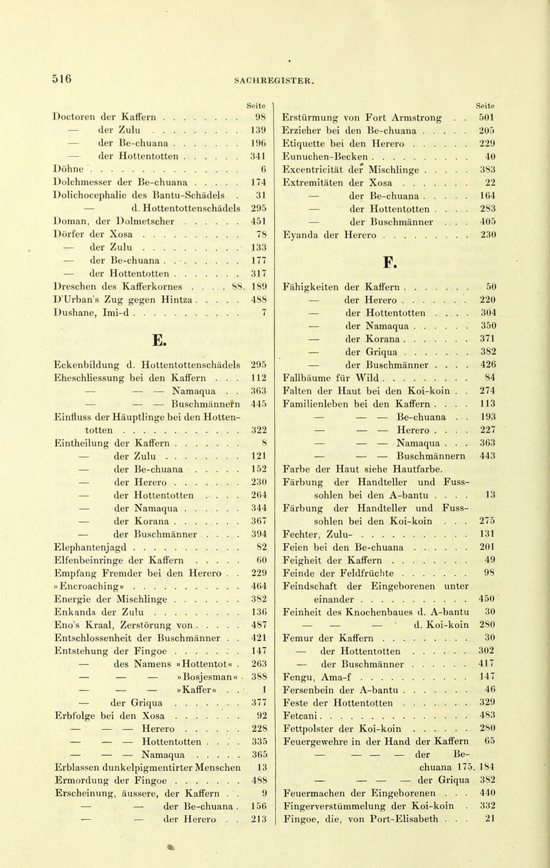 Seite Doctoren der Kaffern 98 — der Zulu 139 — der Be-chuana 196 — der Hottentotten 341 Döhne 6 Dolchmesser der Be-chuana 174 Dolichocephalie des Bantu-Schädels . 31 — d. Hottentottenschädels 295 Doman, der Dolmetscher 451 Dörfer der Xosa 78 — der Zulu 133 — der Be-chuana 177 — der Hottentotten 317 ])reschen des Kafferkornes .... 88. 189 D'Urban's Zug gegen Hintza 488 Dushane, Imi-d 7 E. Eckenbildung d. Hottentottenschädels 295 Eheschliessung bei den Kaff'ern ... 112 — — — Namaqua . . 363 — — — Buschmännern 445 Einfluss der Häuptlinge bei den Hotten- totten 322 Eintheilung der Kaffern 8 — der Zulu 121 — der Be-chuana 152 — der Herero 23ü — der Hottentotten .... 264 — der Namaqua 344 •— der Korana 367 — der Buschmänner .... 394 Elephantenjagd 82 Elfenbeinringe der Kaffern 60 Empfang Fremder bei den Herero . . 229 »Encroaching« 464 Energie der Mischlinge 382 Enkanda der Zulu 136 Eno's Kraal, Zerstörung von 487 Entschlossenheit der Buschmänner . . 421 Entstehung der Fingoe 147 — des Namens »Hottentot« . 263 — — — »Bosjesman« ■ 388 — — — ..Kaffer« . . 1 — der Griqua 377 Erbfolge bei den Xosa 92 — — — Herero 228 — — — Hottentotten . . .' . 335 — — — Namaqua 365 Erblassen dunkelpigmentirter Menschen 13 Ermordung der Fingoe 488 Erscheinung, äussere, der Kaffern . '. 9 — — der Be-chuana. 156 '— — der Herero . . 213 Seite Erstürmung von Fort Armstrong . . 501 Erzieher bei den Be-chuana 205 Etiquette bei den Herero 229 Eunuchen-Becken 40 Excentricität der Mischlinge 383 Extremitäten der Xosa . 22 — der Be-chuana 164 — der Hottentotten .... 283 — der Buschmänner . . . 405 Eyanda der Herero 230 F. Fähigkeiten der Kaffern 50 — der Herero 220 — der Hottentotten .... 304 — der Namaqua 350 — der Korana 371 — der Griqua 382 — der Buschmänner .... 426 Fallbäume für Wild 84 Falten der Haut bei den Koi-koin . . 274 Familienleben bei den KafTern .... 113 — — — Be-chuana . . 193 — — — Herero .... 227 — — — Namaqua . . . 363 — — — Buschmännern 443 Farbe der Haut siehe Hautfarbe. Färbung der Handteller und Fuss- sohlen bei den A-bantu .... 13 Färbung der Handteller und Fuss- sohlen bei den Koi-koin . . . 275 Fechter, Zulu- 131 Feien bei den Be-chuana 201 Feigheit der Kaffern 49 Feinde der Feldfrüclite 98 Feindschaft der Eingeborenen unter einander 450 Feinheit des Knochenbaues d. A-bantu 30 — — _ - d. Koi-koin 280 Femur der Kaffern . 30 — der Hottentotten 302 — der Buschmänner 417 Fengu, Ama-f 147 Fersenbein der A-bantu 46 Feste der Hottentotten 329 Fetcani 483 Fettpolster der Koi-koin 280 Feuergewehre in der Hand der Kaffern 65 — — — — der Be- chuana 175. 184 — — — — der Griqua 382 Feuermachen der Eingeborenen . . . 440 Fingerverstümmelung der Koi-koin . 332 Fingoe, die, von Port-Elisabeth ... 21