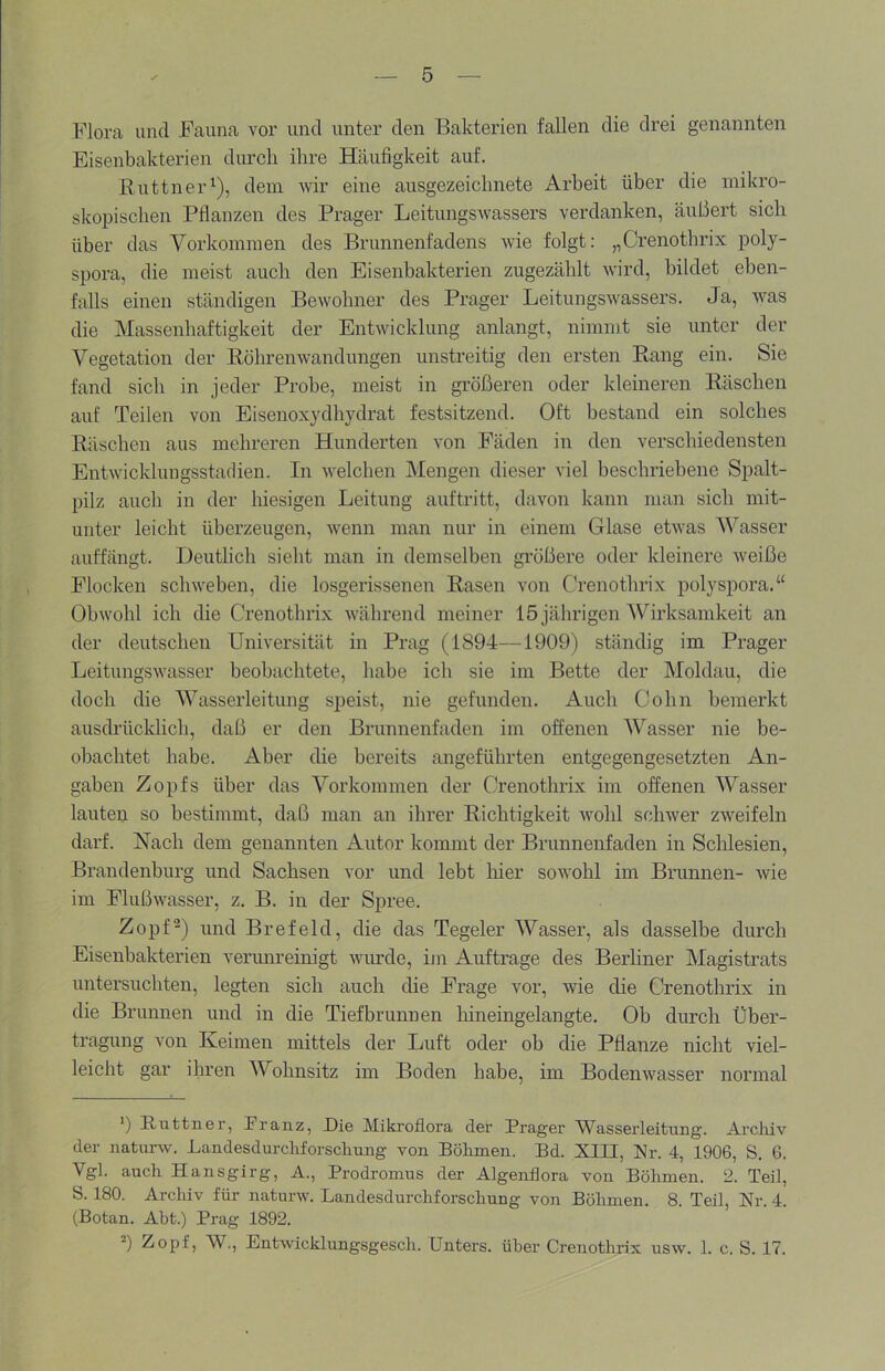 Flora und Fauna vor und unter den Bakterien fallen die drei genannten Eisenbakterien durch ihre Hcäufigkeit auf. Büttner^), dem wir eine ausgezeichnete Arbeit über die mikro- skopischen Pflanzen des Prager Leitungswassers verdanken, äußert sich über das Vorkommen des Brunnenfadens wie folgt: „Crenothrix poly- spora, die meist auch den Eisenbakterien zugezählt wird, bildet eben- falls einen ständigen Bewohner des Prager Leitungswassers. Ja, was die Massenhaftigkeit der Entwicklung anlangt, nimmt sie unter der Vegetation der Röhrenwandungen unstreitig den ersten Rang ein. Sie fand sich in jeder Probe, meist in größeren oder kleineren Räschen auf Teilen von Eisenoxydbydrat festsitzend. Oft bestand ein solches Räschen aus mehreren Hunderten von Fäden in den verschiedensten Entwicklungsstadien. In welchen Mengen dieser viel beschriebene Spalt- pilz auch in der hiesigen Leitung auftritt, davon kann man sich mit- unter leicht überzeugen, wenn man nur in einem Glase etwas Wasser auffängt. Deutlich sieht man in demselben größere oder kleinere weiße Flocken schweben, die losgerissenen Rasen von Ch’enothrix polyspora.“ Obwohl ich die Crenothrix während meiner 15 jährigen Wirksamkeit an der deutschen Universität in Prag (1894—1909) ständig im Prager Leitungswasser beobachtete, habe ich sie im Bette der Moldau, die doch die Wasserleitung speist, nie gefunden. Auch Cohn bemerkt ausdrücldich, daß er den Brunnenfaden im offenen Wasser nie be- obachtet habe. Aber die bereits angeführten entgegengesetzten An- gaben Zopfs über das Vorkommen der Crenothrix im offenen Wasser lauten so bestimmt, daß man an ihrer Richtigkeit wohl schwer zweifeln darf. Nach dem genannten Autor kommt der Brunnenfaden in Schlesien, Brandenburg und Sachsen vor und lebt liier sowohl im Brunnen- wie im Flußwasser, z. B. in der Spree. Zopf“) und Brefeld, die das Tegeler Wasser, als dasselbe durch Eisenbakterien verunreinigt wurde, im Aufträge des Berliner Magistrats untersuchten, legten sich auch die Frage vor, wie die Crenothrix in die Brunnen und in die Tiefbrunnen liineingelangte. Ob durch Über- tragung von Keimen mittels der Luft oder ob die Pflanze nicht viel- leicht gar ihren Wohnsitz im Boden habe, im Bodenwasser normal ') Ruttner, Franz, Die Mikroflora der Prager Wasserleitung. Arcliiv der naturw. LandesdurcMorscliung von Böhmen. Bd. XIII, Xr. 4, 1906, S. 6. Vgl. auch Hansgirg, A., Prodromus der Algenflora von Böhmen. 2. Teil, S. 180. Archiv für naturw. Landesdurchforschung von Böhmen. 8. Teil, Nr. 4. (Botan. Abt.) Prag 1892. “) Zopf, W., Entwicklungsgesch. Unters, über Crenothrix usw. 1. c. S. 17.