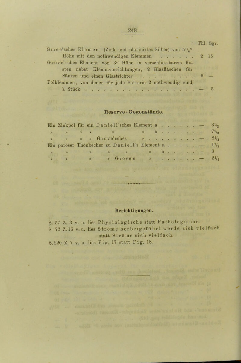 Thl. Sgr. Smee’sches Element (Zink und platinirtes Silber) von 574 Höhe mit den nothwendigen Klemmen 2 15 Grove’sches Element von 3 Höhe in verschliessbarem Ka- sten nebst Klemmvorrichtungen, 2 Glasflaschen für Säuren und einen Glastrichter 9 — Polklemmen, von denen für jede Batterie 2 nothwendig sind, ä Stück — 5 Reserve - Gegenstände. Ein Zinkpol für ein DanielPsches Element a — 372 » » »» » »b — 7 72 » » » » Grove’sches » — 872 Ein poröser Thonbecher zu Daniell’s Element a — l1/* » » » » » »b — 3 » » » » Grove’s » — 272 Berichtigungen. S. 57 Z. 3 v. u. lies Physiologische statt Pathologische. S. 72 Z.16 v.u. lies Ströme herbeigeführt werde, sich vielfach statt Ströme sich vielfach. S. 220 Z. 7 v. 0. lies Fig. 17 statt Fig. 18.