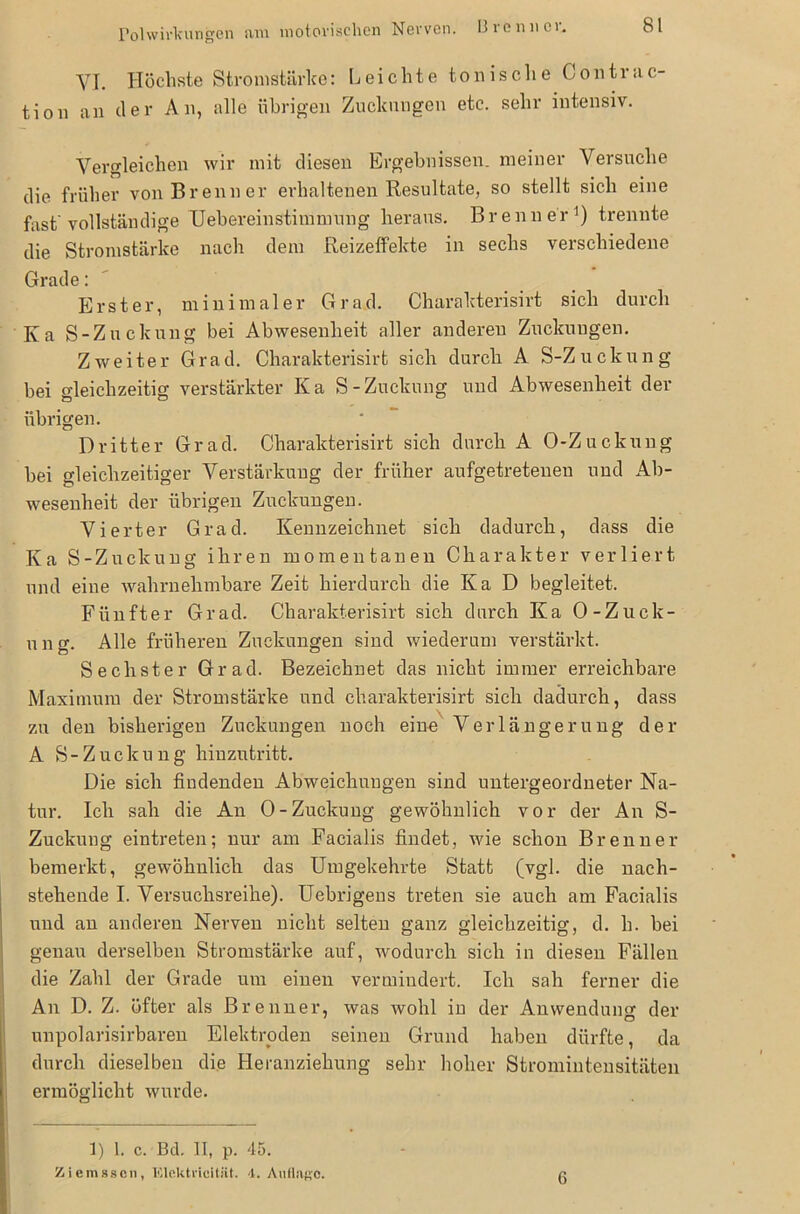 VI. Höchste Stromstärke: Leichte tonische Contrac- tion an der An, alle übrigen Zuckungen etc. sehr intensiv. Vergleichen wir mit diesen Ergebnissen, meiner Versuche die früher von Brenner erhaltenen Resultate, so stellt sich eine fast'vollständige Uebereinstimmung heraus. Brenner1) trennte die Stromstärke nach dem Reizeffekte in sechs verschiedene Grade: Erster, minimaler Grad. Charakterisirt sich durch Ka S-Zuckung bei Abwesenheit aller anderen Zuckungen. Zweiter Grad. Charakterisirt sich durch A S-Zuckung bei gleichzeitig verstärkter Ka S-Zuckung und Abwesenheit der übrigen. Dritter Grad. Charakterisirt sich durch A O-Zuckung bei gleichzeitiger Verstärkung der früher aufgetretenen und Ab- wesenheit der übrigen Zuckungen. Vierter Grad. Kennzeichnet sich dadurch, dass die Ka S-Zuckung ihren momentanen Charakter verliert und eine wahrnehmbare Zeit hierdurch die Ka D begleitet. Fünfter Grad. Charakterisirt sich durch Ka O-Zuck- u n ß\ Alle früheren Zuckungen sind wiederum verstärkt. Sechster Grad. Bezeichnet das nicht immer erreichbare Maximum der Stromstärke und charakterisirt sich dadurch, dass zu den bisherigen Zuckungen noch eine Verlängerung der A S-Zuckung hinzutritt. Die sich findenden Abweichungen sind untergeordneter Na- tur. Ich sah die An O-Zuckung gewöhnlich vor der An S- Zuckung eintreten; nur am Facialis findet, wie schon Brenner bemerkt, gewöhnlich das Umgekehrte Statt (vgl. die nach- stehende I. Versuchsreihe). Uebrigens treten sie auch am Facialis und an anderen Nerven nicht selten ganz gleichzeitig, d. h. bei genau derselben Stromstärke auf, wodurch sich in diesen Fällen die Zahl der Grade um einen vermindert. Ich sah ferner die An D. Z. öfter als Brenner, was Avohl in der Anwendung der unpolarisirbaren Elektroden seinen Grund haben dürfte, da durch dieselben die Heranziehung sehr hoher Stromintensitäten ermöglicht wurde. 1) 1. c. Bd. II, p. 45. Ziemssen, Klelitncitiit. 4. Audiisc. 6