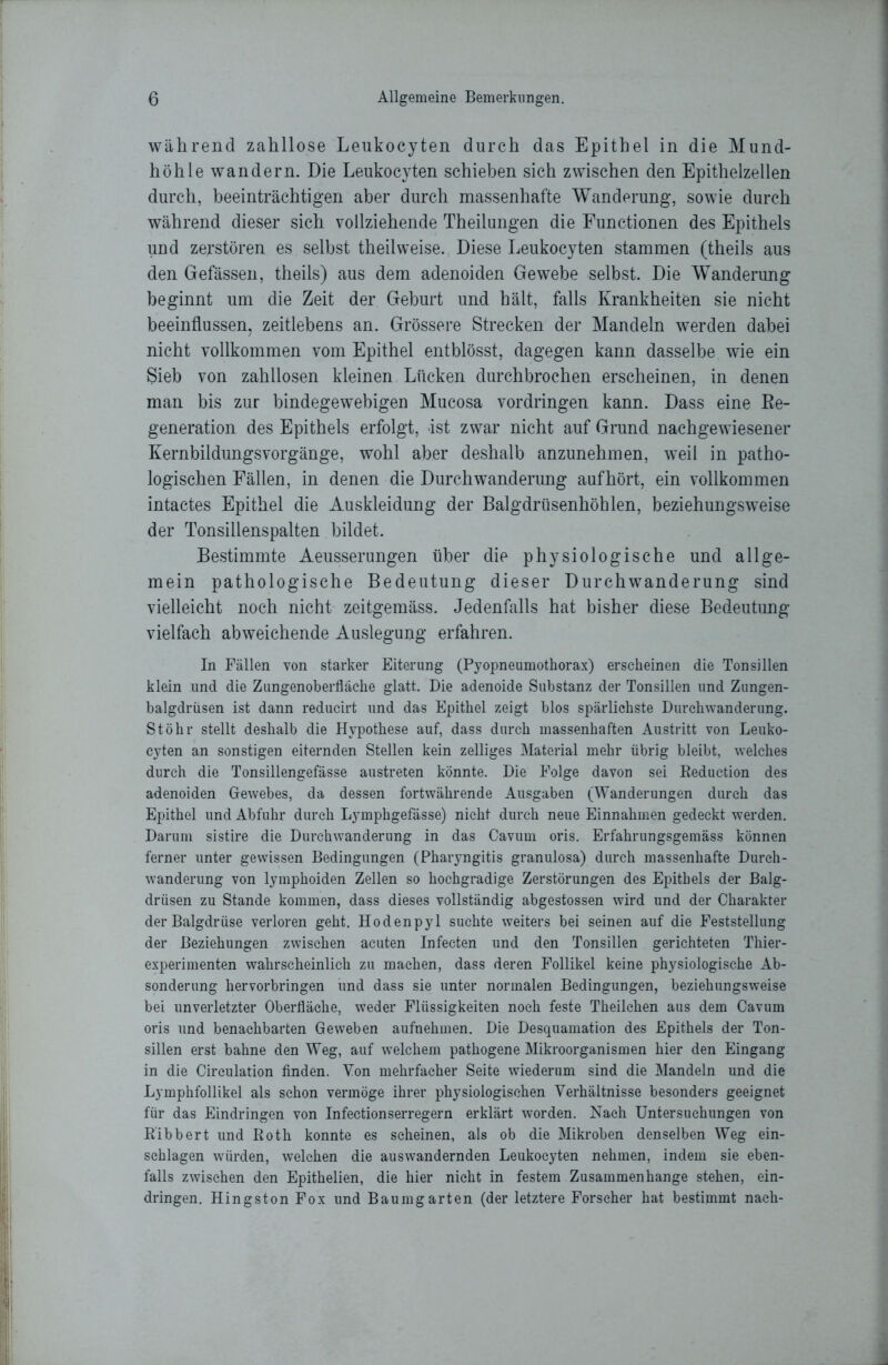 während zahllose Leukocyten durch das Epithel in die Mund- höhle wandern. Die Leukocyten schieben sich zwischen den Epithelzellen durch, beeinträchtigen aber durch massenhafte Wanderung, sowie durch während dieser sich vollziehende Theilungen die Functionen des Epithels und zerstören es selbst theilweise. Diese Leukocyten stammen (theils aus den Gefässen, theils) aus dem adenoiden Gewebe selbst. Die Wanderung beginnt um die Zeit der Geburt und hält, falls Krankheiten sie nicht beeinflussen, zeitlebens an. Grössere Strecken der Mandeln werden dabei nicht vollkommen vom Epithel entblösst, dagegen kann dasselbe wie ein Sieb von zahllosen kleinen Lücken durchbrochen erscheinen, in denen man bis zur bindegewebigen Mucosa Vordringen kann. Dass eine Re- generation des Epithels erfolgt, ist zwar nicht auf Grund nachgewiesener Kernbildungsvorgänge, wohl aber deshalb anzunehmen, weil in patho- logischen Fällen, in denen die Durchwanderung aufhört, ein vollkommen intactes Epithel die Auskleidung der Balgdrüsenhöhlen, beziehungsweise der Tonsillenspalten bildet. Bestimmte Aeusserungen über die physiologische und allge- mein pathologische Bedeutung dieser Durchwanderung sind vielleicht noch nicht zeitgemäss. Jedenfalls hat bisher diese Bedeutung- vielfach abweichende Auslegung erfahren. In Fällen von starker Eiterung (Pyopneumothorax) erscheinen die Tonsillen klein und die Zungenoberfläche glatt. Die adenoide Substanz der Tonsillen und Zungen- balgdrüsen ist dann reducirt und das Epithel zeigt blos spärlichste Durchwanderung. Stöhr stellt deshalb die Hypothese auf, dass durch massenhaften Austritt von Leuko- cyten an sonstigen eiternden Stellen kein zelliges Material mehr übrig bleibt, welches durch die Tonsillengefässe austreten könnte. Die Folge davon sei Reduction des adenoiden Gewebes, da dessen fortwährende Ausgaben (Wanderungen durch das Epithel und Abfuhr durch Lymphgefässe) nicht durch neue Einnahmen gedeckt werden. Darum sistire die Durchwanderung in das Cavum oris. Erfahrungsgemäss können ferner unter gewissen Bedingungen (Pharyngitis granulosa) durch massenhafte Durch - wanderung von lymphoiden Zellen so hochgradige Zerstörungen des Epithels der Balg- drüsen zu Stande kommen, dass dieses vollständig abgestossen wird und der Charakter der Balgdrüse verloren geht. Hodenpyl suchte weiters bei seinen auf die Feststellung der Beziehungen zwischen acuten Infecten und den Tonsillen gerichteten Thier- experimenten wahrscheinlich zu machen, dass deren Follikel keine physiologische Ab- sonderung hervorbringen und dass sie unter normalen Bedingungen, beziehungsweise bei unverletzter Oberfläche, weder Flüssigkeiten noch feste Theilchen aus dem Cavum oris und benachbarten Geweben aufnehmen. Die Desquamation des Epithels der Ton- sillen erst bahne den Weg, auf welchem pathogene Mikroorganismen hier den Eingang in die Circulation finden. Von mehrfacher Seite wiederum sind die Mandeln und die Lymphfollikel als schon vermöge ihrer physiologischen Verhältnisse besonders geeignet für das Eindringen von Infectionserregern erklärt worden. Nach Untersuchungen von R'ibbert und Roth konnte es scheinen, als ob die Mikroben denselben Weg ein- schlagen würden, welchen die auswandernden Leukocyten nehmen, indem sie eben- falls zwischen den Epithelien, die hier nicht in festem Zusammenhänge stehen, ein- dringen. Hingston Fox und Baumgarten (der letztere Forscher hat bestimmt nach-