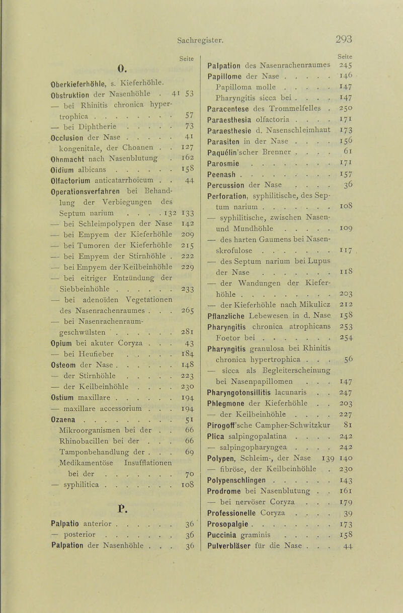 Seite 0. Oberkieferhöhle, s. Kieferhöhle. Obstruktion der Nasenhöhle . 41 53 — bei Rhinitis chronica hyper- trophica 57 — bei Diphtherie 73 Occlusion der Nase 41 kongenitale, der Choanen . . 127 Ohnmacht nach Nasenblutung . 162 Oidium albicans 15^ Olfactorium anticatarrhoicum . . 44 Operationsverfahren bei Behand- lung der Verbiegungen des Septum narium . . . . 132 133 — bei Schleimpolypen der Nase 142 — bei Empyem der Kieferhöhle 209 — bei Tumoren der Kieferhöhle 215 — bei Empyem der Stirnhöhle . 222 — bei Empyem der Keilbeinhöhle 229 — bei eitriger Entzündung der Siebbeinhöhle 233 — bei adenoiden Vegetationen des Nasenrachenraumes . . . 265 — bei Nasenrachenraum- geschwülsten 281 Opium bei akuter Coryza ... 43 — bei Heufieber 184 Osteom der Nase 148 — der Stirnhöhle 223 — der Keilbeinhöhle .... 230 Ostium maxillare 194 — maxillare accessorium . . . 194 Ozaena 51 Mikroorganismen bei der . . 66 Rhinobacillen bei der ... 66 Tamponbehandlung der ... 69 Medikamentöse Insufflationen bei der 70 — syphilitica 108 Palpatio anterior 36 — posterior 36 Palpation der Nasenhöhle ... 36 Seite Palpation des Nasenrachenraumes 245 Papillome der Nase 146 Papilloma molle 147 Pharyngitis sicca bei . . . . *47 Paracentese des Trommelfelles . 250 Paraesthesia olfactoria . . . . 171 Paraesthesie d. Nasenschleimhaut 173 Parasiten in der Nase . . . . 15Ö Paquelin’scher Brenner .... 61 Parosmie 171 Peenash 157 Percussion der Nase .... 36 Perforation, syphilitische, des Sep- tum narium 10S — syphilitische, zwischen Nasen- und Mundhöhle 109 — des harten Gaumens bei Nasen- skrofulose IJ7 — des Septum narium bei Lupus der Nase 118 — der Wandungen der Kiefer- höhle 203 — der Kieferhöhle nach Mikulicz 212 Pflanzliche Lebewesen in d. Nase 158 Pharyngitis chronica atrophicans 253 Foetor bei 254 Pharyngitis granulosa bei Rhinitis chronica hypertrophica ... 56 — sicca als Begleiterscheinung bei Nasenpapillomen . . . 147 Pharyngotonsillitis lacunaris . . 247 Phlegmone der Kieferhöhle . . 203 — der Keilbeinhöhle .... 227 Pirogoff’sche Campher-Schwitzkur Sl Plica salpingopalatina .... 242 — salpingopharyngea .... 242 Polypen, Schleim-, der Nase 139 140 — fibröse, der Keilbeinhöhle . 230 Polypenschlingen 143 Prodrome bei Nasenblutung . . 161 — bei nervöser Coryza . . . 179 Professionelle Coryza .... 39 Prosopalgie 173 Puccinia graminis 158 Pulverbläser für die Nase ... 44