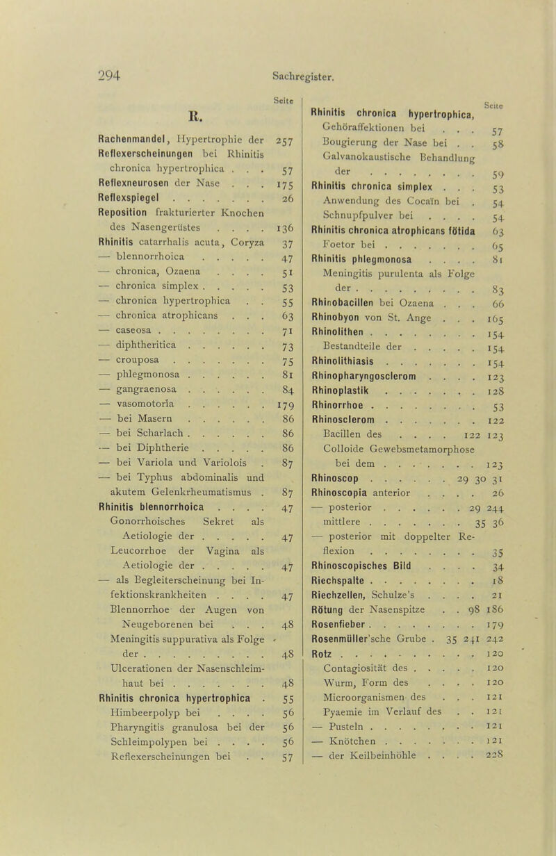 R. Rachenmandel, Hypertrophie der Reflexerscheinungen bei Rhinitis chronica hypertrophica . Reflexneurosen der Nase . . Reflexspiegel Reposition frakturierter Knochen des Nasengerüstes . . . Rhinitis catarrhalis acuta, Coryza — blennorrhoica .... — chronica, Ozaena Seite 257 57 175 26 136 37 47 5i — chronica simplex 53 der 83 — chronica hypertrophica 55 Rhinobacillen bei Ozaena . 66 — chronica atrophicans 63 Rhinobyon von St. Ange . 165 — caseosa 71 Rhinolithen '54 — diphtheritica 73 Bestandteile der . . •54 — crouposa 75 Rhinolithiasis •54 — phlegmonosa 81 Rhinopharyngosclerom . . 123 — gangraenosa 84 Rhinoplastik 128 — vasomotorla 179 Rhinorrhoe 53 — bei Masern 86 Rhinosclerom 122 — bei Scharlach 86 Bacillen des .... 122 •23 — bei Diphtherie 86 Colloide Gewebsmetamorphose — bei Variola und Variolois 87 bei dem 123 —- bei Typhus abdominalis und Rhinoscop 29 30 3i akutem Gelenkrheumatismus . 87 Rhinoscopia anterior 26 Rhinitis blennorrhoica .... 47 — posterior • 29 244 Gonorrhoisches Sekret als mittlere • 35 36 Aetiologie der 47 — posterior mit doppelter Re- Leucorrhoe der Vagina als flexion 35 Aetiologie der 47 Rhinoscopisches Bild . . 34 — als Begleiterscheinung bei In- Riechspalte 18 fektionskrankheiten .... 47 Riechzellen, Schulze’s . . 21 Blennorrhoe der Augen von Rötung der Nasenspitze ■ 98 lS6 Neugeborenen bei 48 Rosenfieber 179 Meningitis suppurativa als Folge • Rosenmiiller’sche Grube . 35 241 242 der 48 Rotz 1 20 Ulcerationen der Nasenschleim- Contagiosität des . . . 120 haut bei 48 Wurm, Form des . . 120 Rhinitis chronica hypertrophica . 55 Microorganismen des 121 Himbeerpolyp bei .... 56 Pyaemie im Verlauf des 12 [ Pharyngitis granulosa bei der 56 — Pusteln 121 Schleimpolypen bei .... 56 — Knötchen 121 Reflexerscheinungen bei 57 — der Keilbeinhöhle . . 22S Rhinitis chronica hypertrophica, Gehöraffektionen bei Bougierung der Nase bei Galvanokaustische Behandlung der Rhinitis chronica simplex Anwendung des Cocain Schnupfpulver bei Rhinitis chronica atrophicans Foetor bei . . Rhinitis phlegmonosa Meningitis purulenta als bei fötida Folge Seite 57 58 59 53 54 54 b3 f>5 81