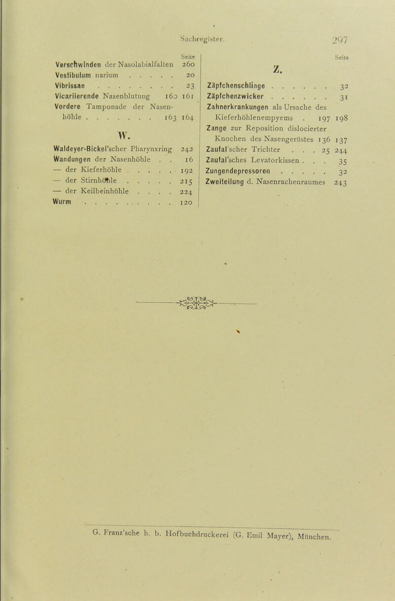 Seite Verschwinden der Nasolabialfalten 260 Vestibulum narium 20 Vibrissae 23 Vicariierende Nasenblutung 160 161 Vordere Tamponade der Nasen- höhle 163 164 w. Waldeyer-Bickel’scher Pharymxring 242 Wandungen der Nasenhöhle . . 16 — der Kieferhöhle 192 — der Stirnhötile 2x5 — der Keilbeinhöhle .... 224 Wurm 120 Seite z. Zäpfchenschlinge 32 Zäpfchenzwicker 31 Zahnerkrankungen als Ursache des Kieferhöhlenempyems . 197 198 Zange zur Reposition dislocierter Knochen des Nasengeriistes 136 137 Zaufal’scher Trichter ... 25 244 Zaufal’sches Levatorkissen ... 35 Zungendepressoren 32 Zweiteilung d. Nasenrachenraumes 243 G. Franz’sche h. ix. Hofbuchdruckerei (G. Emil Mayer), München.