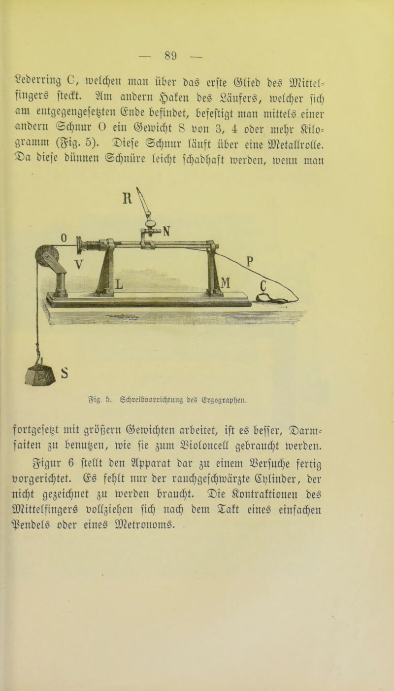 ?eberring C, luelc^en man iiim bag erfte Q^fieb be^> dMkU fingert ftetft. 2lm anberu ^atm be§ Säufer^, me(rf)er fid) am eiitgecjencjefeliten (Snbe befinbet, befeftigt man mittd^S einer anbern ©djnur 0 ein @elüid)t S öon 3, 4 ober me^r ^i(o= gramm (^icj. 5). 5)iefe (Sd}nnr Vdn\t über eine DJ^etaaroKe. S)a biefe bünnen ©d)nüre Ieid}t i'djabbaft luerben, lucnn man gfig. 5. ©ctireiboortic^tuiig be» ergograpfjeu. fortcjefelAt mit groilern (Siemid}ten arbeitet, ift eg befjer, 5)arm* faiten gu benn^en, njie [ie gum i>iotonceI( gebraucht merben. g^ignr 6 ftefit ben 2l|)))arat bar gu einem ^er[nd}e fertig vorgerichtet. @§ fel^tt nnr ber rand^gefd^n^ärgte ©l;tinber, ber nid}t gezeichnet merben braud}t. ^Die ^ontraftionen be^ IDiittelftnger^ boWgie^en fid) nac^ bem Zatt eineö einfachen iPenbel^ ober eine§ 9J?etronom0.