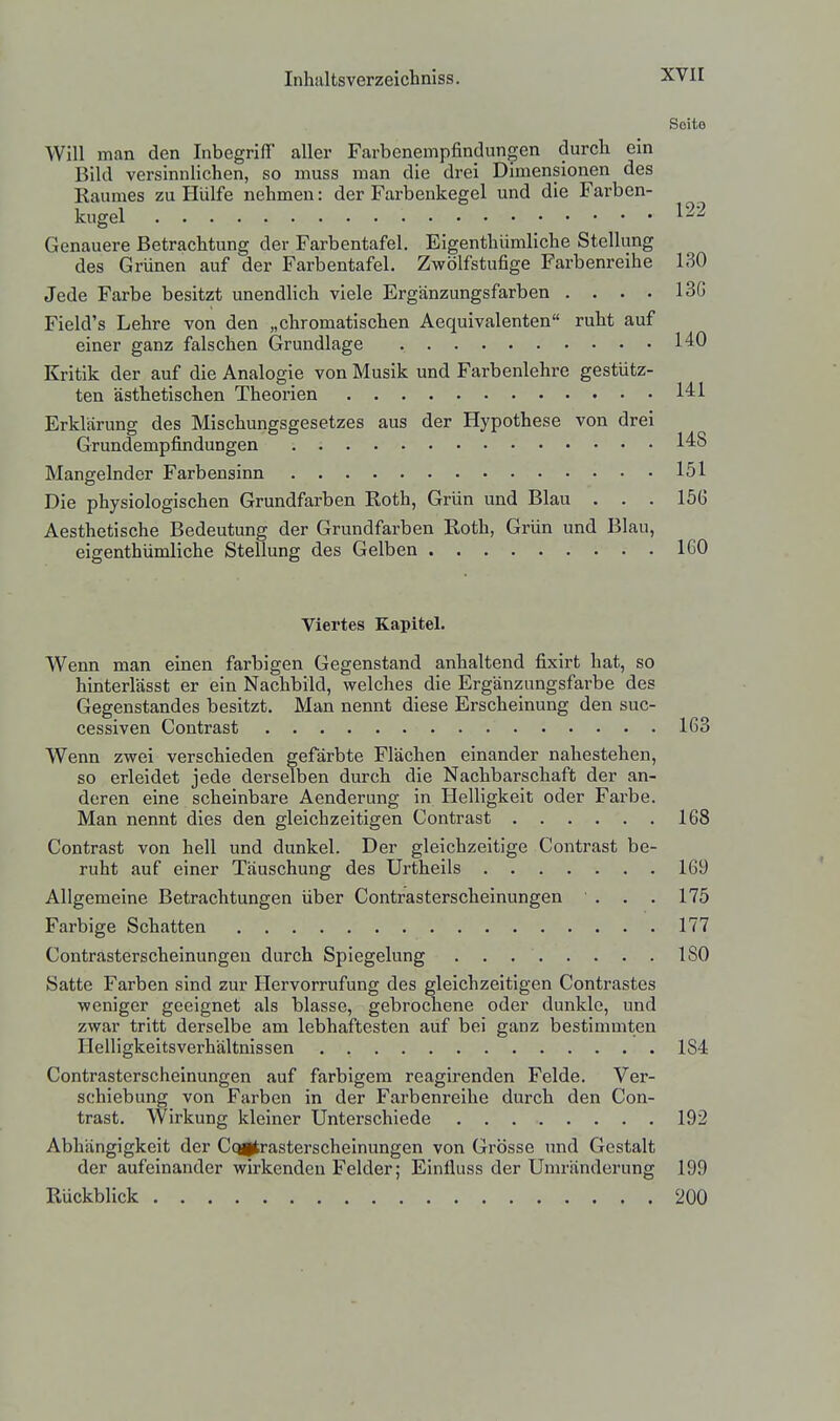 Soito Will man den Inbegriff aller Farbenempfindungen durch ein j Bild versinnlichen, so muss man die drei Dimensionen des i Kaumes zu Hülfe nehmen: der Farbenkegel und die Farben- kugel 122 Genauere Betrachtung der Farbentafel. Eigenthümliche Stellung , des Grünen auf der Farbentafel. Zwölfstufige Farbenreihe 130 ! Jede Farbe besitzt unendlich viele Ergänzungsfarben . , . . 13G | Field's Lehre von den „chromatischen Aequivalenten ruht auf , einer ganz falschen Grundlage 140 Kritik der auf die Analogie von Musik und Farbenlehre gestütz- *: ten ästhetischen Theorien 1^1 Erklärung des Mischungsgesetzes aus der Hypothese von drei Grundempfindungen 148 , Mangelnder Farbensinn 151 i Die physiologischen Grundfarben Roth, Grün und Blau . . . 156 Aesthetische Bedeutung der Grundfarben Roth, Grün und Blau, eigenthümliche Stellung des Gelben 160 Viertes Kapitel. Wenn man einen farbigen Gegenstand anhaltend fixirt hat, so | hinterlässt er ein Nachbild, welches die Ergänzungsfarbe des ] Gegenstandes besitzt. Man nennt diese Erscheinung den suc- cessiven Contrast 163 ; Wenn zwei verschieden gefärbte Flächen einander nahestehen, so erleidet jede derselben durch die Nachbarschaft der an- j deren eine scheinbare Aenderung in Helligkeit oder Farbe. ^ Man nennt dies den gleichzeitigen Contrast 168 i Contrast von hell und dunkel. Der gleichzeitige Contrast be- ' ruht auf einer Täuschung des Urtheils 169 ' Allgemeine Betrachtungen über Contrasterscheinungen ... 175 Farbige Schatten 177 Contrasterscheinungen durch Spiegelung . . 180 Satte Farben sind zur Hervorrufung des gleichzeitigen Contrastes weniger geeignet als blasse, gebrochene oder dunkle, und zwar tritt derselbe am lebhaftesten auf bei ganz bestimmten Helligkeitsverhältnissen 184 Contrasterscheinungen auf farbigem reagirenden Felde. Ver- schiebung von Farben in der Farbenreihe durch den Con- ^ trast. Wirkung kleiner Unterschiede 192 I Abhängigkeit der Contrasterscheinungen von Grösse und Gestalt \ der aufeinander wirkenden Felder; Einfluss der Umränderung 199 Rückblick 200 j 1