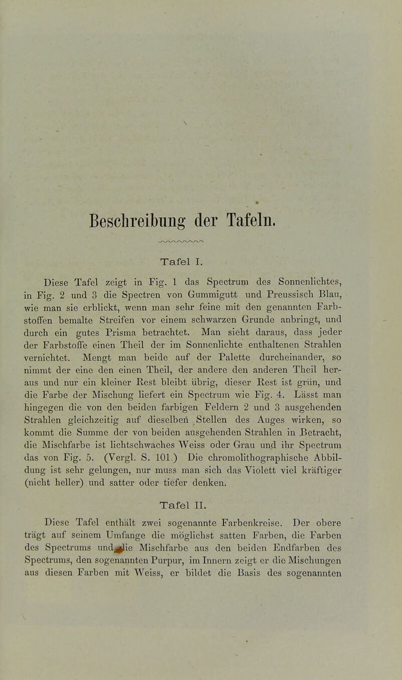 Besclireibung der Tafeln. Tafel I. Diese Tafel zeigt in Fig. 1 das Spectrum des Sonnenlichtes, in Fig. 2 und 3 die Spectren von Gummigutt und Preussisch Blau, wie man sie erblickt, wenn man sehr feine mit den genannten Farb- stoffen bemalte Streifen vor einem schwarzen Grunde anbringt, und durch ein gutes Prisma betrachtet. Man sieht daraus, dass jeder der Farbstoife einen Theil der im Sonnenlichte enthaltenen Strahlen vernichtet. Mengt man beide auf der Palette durcheinander, so nimmt der eine den einen Theil, der andere den anderen Theil her- aus und nur ein kleiner Rest bleibt übrig, dieser Rest ist grün, und die Farbe der Mischung liefert ein Spectrum wie Fig. 4. Lässt man hingegen die von den beiden farbigen Feldern 2 und 3 ausgehenden Strahlen gleichzeitig auf dieselben Stellen des Auges wirken, so kommt die Summe der von beiden ausgehenden Strahlen in Betracht, die Mischfarbe ist lichtschwaches Weiss oder Grau und ihr Spectrum das von Fig. 5. (Vergl. S. 101.) Die chromolithographische Abbil- dung ist sehr gelungen, nur muss man sich das Violett viel kräftiger (nicht heller) und satter oder tiefer denken, Tafel II. Diese Tafel enthält zwei sogenannte Farbenkreise. Der obere trägt auf seinem Umfange die möglichst satten Farben, die Farben des Spectrums und^ie Mischfarbe aus den beiden Endfarben des Spectrums, den sogenannten Purpur, im Innern zeigt er die Mischungen aus diesen Farben mit Weiss, er bildet die Basis des sogenannten