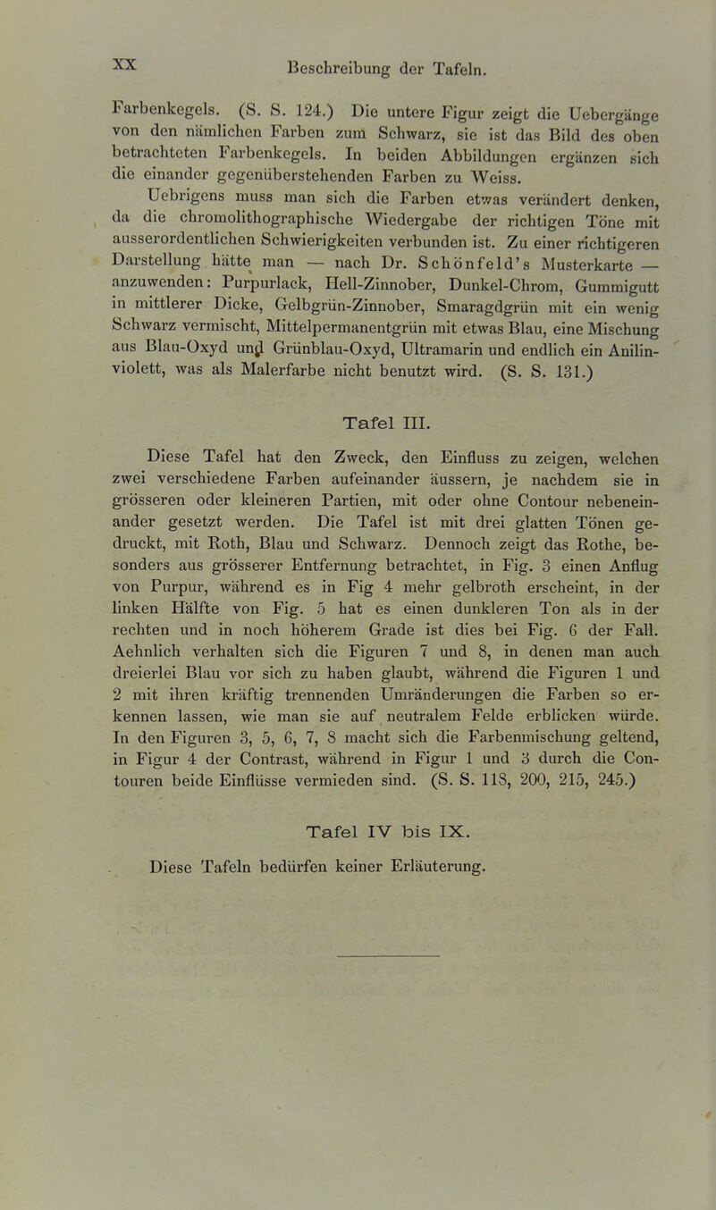 Farbenkegels. (S. S. 124.) Die untere Figur zeigt die Uebcrgänge von den nämlichen Farben zum Schwarz, sie ist das Bild des oben betrachteten Farbenkegels. In beiden Abbildungen ergänzen sich die einander gegenüberstehenden Farben zu Weiss. Ucbrigens muss man sich die Farben etwas verändert denken, da die chromolithographische Wiedergabe der richtigen Töne mit ausserordentlichen Schwierigkeiten verbunden ist. Zu einer richtigeren Darstellung hätte man — nach Dr. Schönfeld's Musterkarte — anzuwenden: Purpurlack, Hell-Zinnober, Dunkel-Chrom, Gummigutt in mittlerer Dicke, Gelbgrün-Zinnober, Smaragdgrün mit ein wenig Schwarz vermischt, Mittelpermanentgrün mit etwas Blau, eine Mischung aus Blau-Oxyd unjj Grünblau-Oxyd, Ultramarin und endlich ein Anilin- violett, was als Malerfarbe nicht benutzt wird. (S. S. 131.) Tafel III. Diese Tafel hat den Zweck, den Einfluss zu zeigen, welchen zwei verschiedene Farben aufeinander äussern, je nachdem sie in grösseren oder kleineren Partien, mit oder ohne Contour nebenein- ander gesetzt werden. Die Tafel ist mit drei glatten Tönen ge- druckt, mit Roth, Blau und Schwarz. Dennoch zeigt das Rothe, be- sonders aus grösserer Entfernung betrachtet, in Fig. 3 einen Anflug von Purpur, während es in Fig 4 mehr gelbroth erscheint, in der linken Hälfte von Fig. 5 hat es einen dunkleren Ton als in der rechten und in noch höherem Grade ist dies bei Fig. 6 der Fall. Aehnlich verhalten sich die Figuren 7 und 8, in denen man auch dreierlei Blau vor sich zu haben glaubt, während die Figuren 1 und 2 mit ihren kräftig trennenden Umränderungen die Farben so er- kennen lassen, wie man sie auf neutralem Felde erblicken würde. In den Figuren 3, 5, 6, 7, 8 macht sich die Farbenmischung geltend, in Figur 4 der Contrast, während in Figur 1 und 3 durch die Con- touren beide Einflüsse vermieden sind. (S. S. 118, 200, 215, 245.) Tafel IV bis IX. Diese Tafeln bedürfen keiner Erläuterung.