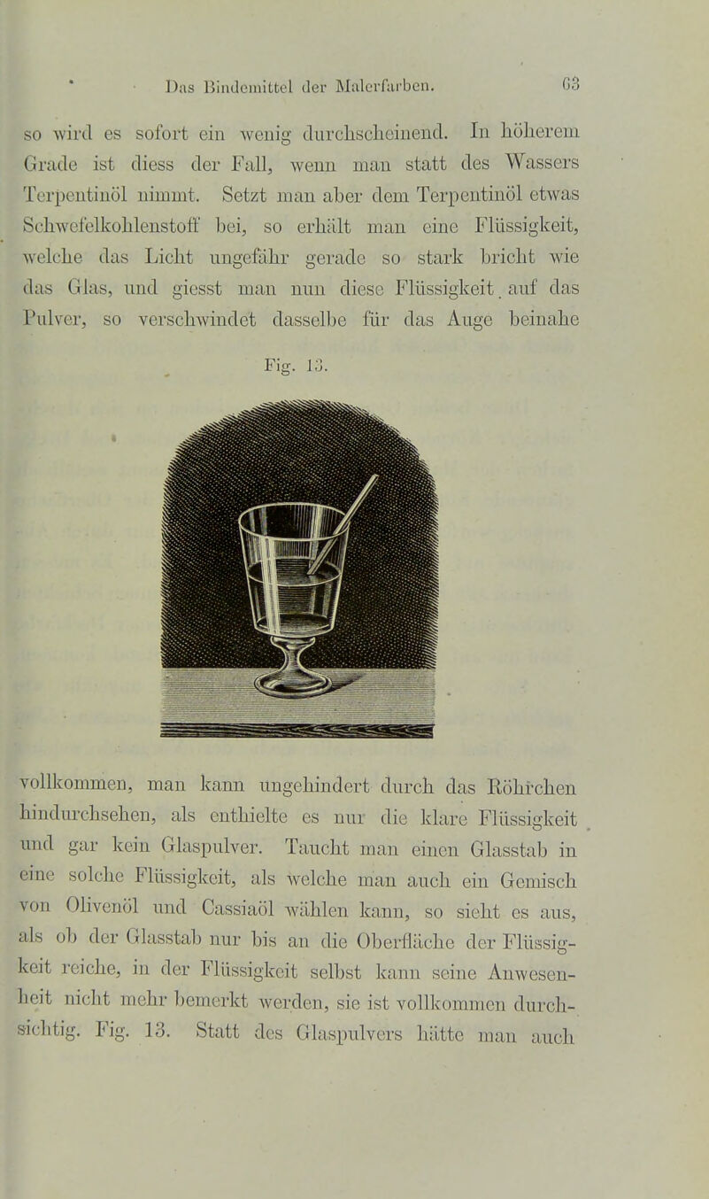 SO wird es sofort ein wenig clurchsclieinencl. In hölierem Grade ist diess der Fall, wenn man statt des Wassers Terpentinöl nimmt. Setzt man aber dem Terpentinöl etwas Schwefelkohlenstoff bei, so erhält man eine Flüssigkeit, Avelche das Licht ungefähr gerade so stark bricht wie das Glas, und giesst man nun diese Flüssigkeit. auf das Pulver, so verschwindet dasselbe für das Auge beinahe Fig. 13. vollkommen, man kann ungehindert durch das Röhrchen hindurchsehen, als enthielte es nur die klare Flüssigkeit und gar kein Glaspulver. Taucht man einen Glasstab in eine solche Flüssigkeit, als welche man auch ein Gemisch von Olivenöl und Cassiaöl wählen kann, so sieht es aus, als ob der Glasstab nur bis an die Oberfläche der Flüssig- keit reiche, in der Flüssigkeit selbst kann seine Anwesen- heit nicht mehr bemerkt werden, sie ist vollkommen durch- sichtig. Fig. 13. Statt des Glaspulvers hätte man auch