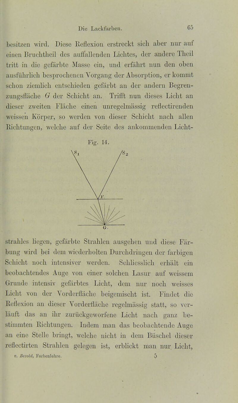 besitzen wird. Diese Reflexion erstreckt sich aber nur auf einen Bruclitlieil des auffallenden Lichtes, der andere Theil tritt in die gefärbte Masse ein, und erfährt nun den oben ausführlich besprochenen Vorgang der Absorption, er kommt schon ziemlich entschieden gefärbt an der andern Begren- zungsfläche G der Schicht an. Trifft nun dieses Licht an dieser zAveiten Fläche einen unregelmässig reflectirenden weissen Körper, so werden von dieser Schicht nach allen Richtungen, welche auf der Seite des ankommenden Licht- strahles hegen, gefärbte Strahlen ausgehen und diese Fär- bung wird bei dem wiederholten Durchdringen der farbigen Schicht noch intensiver werden. Schhesslich erhält ein beobachtendes Auge von einer solchen Lasur auf weissem Grunde intensiv geffirbtes Licht, dem nur noch weisses Licht von der Vorderfläche beigemischt ist. Findet die Reflexion an dieser Vorderfläche regelmässig statt, so ver- läuft das an ihr zurückgeworfene Licht nach ganz be- stimmten Richtungen. Indem man das beobachtende Auge an eine Stelle bringt, welche nicht in dem Büschel dieser rcflectirten Strahlen gelegen ist, erblickt man nur. Licht, V. Bezold, Farbenlehre. 5 Fig. 14.