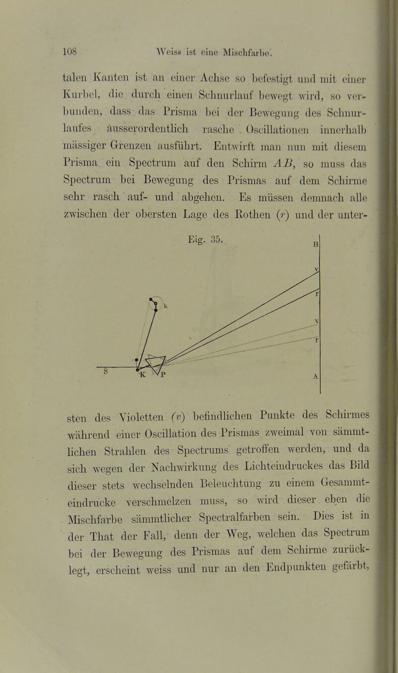 talen Kauten ist an einer Achse so Ijcfestigt und mit einer Kurlx'l, die durch einen Schnurlauf bewegt wird, so ver- bunden, dass das Prisma bei der Bewegung des Schnur- laufes ausserordentlich rasche . Oscillationen innerhalb massiger Grenzen ausführt. Entwirft man nun mit diesem Prisma ein Spectrum auf den Schirm AB, so muss das Spectrum bei Bewegung des Prismas auf dem SchÜTne sehr rasch auf- und abgehen. Es müssen demnach alle zwischen der obersten Lage des Rothen (r) und der unter- Eig. 35. sten des Violetten (v) befindlichen Punkte des Schirmes Wcährend einer Oscillation des Prismas zweimal von sämmt- lichen Strahlen des Spectrums getroffen werden, und da sich wegen der Nachwirkung des Lichteindruckes das Bild dieser stets wechselnden Beleuchtung zu einem Gesammt- eindrucke verschmelzen muss, so vm'd dieser eben die Mischfarbe sämmthcher Spectralfarben sein. Dies ist in der That der Fall, denn der Weg, welchen das Spectrum bei der Bewegung des Prismas auf dem Schirme zui-ück- legt, erscheint weiss und nur an den Endpunkten gefärbt,