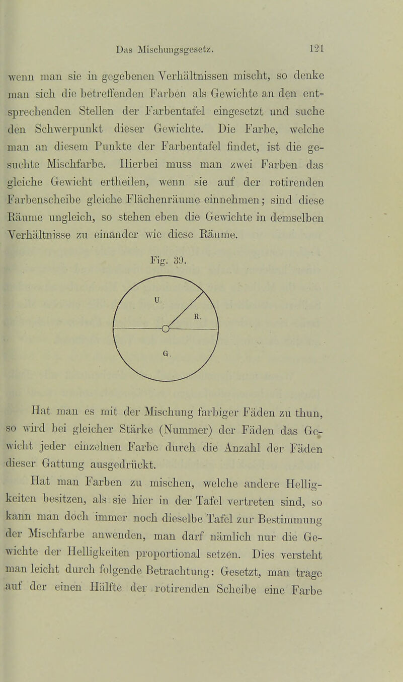Avenii mau sie in gegebenen Verhältnissen niisclit, so denke man sich die betreffenden Farben als Gewichte an den ent- sprechenden Stellen der Farbentafel eingesetzt und suche den Schwerpunkt dieser Gewichte. Die Farbe, welche man an diesem Punkte der Farbentafel findet, ist die ge- suchte Mischfarbe. Hierbei muss man zwei Farben das gleiche Gewicht ertheilen, wenn sie auf der rotirenden Farbenscheibe gleiche Flächenräume einnehmen; sind diese Räume ungleich, so stehen eben die Gewichte in demselben Verhältnisse zu einander wie diese Räume. Fig. 39. Hat man es mit der Mischung farbiger Fäden zu thun, so wird bei gleicher Stärke (Nunmier) der Fäden das Ge- wicht jeder einzelnen Farbe durch die Anzahl der Fäden dieser Gattung ausgedrückt. Hat man Farben zu mischen, welche andere Helliff- keiten besitzen, als sie hier in der Tafel vertreten sind, so kann man doch immer noch dieselbe Tafel zur Bestimmung der Mischfarbe anwenden, man darf nämlich nur die Ge- wichte der Helhgkeiten proportional setzen. Dies versteht man leicht durch folgende Betrachtung: Gesetzt, man trage auf der einen Hälfte der rotirenden Scheibe eine Farbe