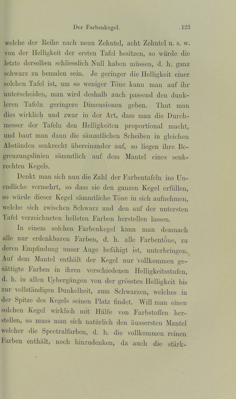 welche der Reihe nach neun Zehntel, acht Zehntel u. s. w. von der Helhgkeit der ersten Tafel besitzen, so wiu-de die letzte derselben schhesslich Null haben müssen, d. h. ganz schwarz zu bemalen sein. Je geringer die HeHigkeit einer solchen Tafel ist, um so weniger Töne kann man auf ihr unterscheiden, man wird deshalb auch jDassend den dunk- leren Tafeln geringere Dimensionen geben. Thut man dies wirkhch und zwar in der Art, dass man die Durch- messer der Tafeln den Helhgkeiten proportional macht, und baut man dann die sämmtlichen Scheiben in gleichen Abständen senkrecht übereinander auf, so Hegen ihre Be- grenzungslinien sämmthch auf dem Mantel eines senk- rechten Kegels. Denkt man sich nun die Zahl der Farbentafeln ins Un- endhche vermehi't, so dass sie den ganzen Kegel erfüllen, so würde dieser Kegel sämmthche Töne in sich aufnehmen, welche sich zwschen Schwarz und den auf der untersten Tafel verzeichneten hellsten Farben herstellen lassen. In einem solchen Farbenkegel kann man demnach alle nur- erdenkbaren Farben, d. h. alle Farbentöne, zu deren Empfindung unser Auge befähigt ist, unterbringen. Auf dem Mantel enthält der Kegel nur Vollkommen ge- sättigte Farben in ihren verschiedenen Helligkeitsstufen, d. h. in allen Uebergängen von der grössten HelHgkeit bis zur vollständigen Dunkelheit, zum Schwarzen, welches in der Spitze des Kegels seinen Platz findet. Will man einen solchen Kegel Avh-klich mit Hülfe von Farbstofien her- stellen, so muss man sich natürhch den äussersten Mantel welcher die Spectralfarben, d. h. die vollkommen reinen Farben enthält, noch hinzudenken, da auch die stärk-
