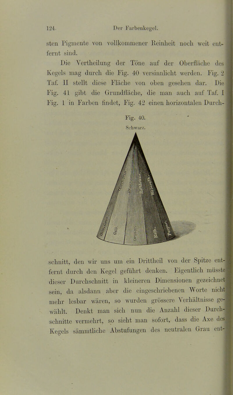 sten Pigmente von vollkommener lleinheit nocli weit ent- fernt sind. Die Vertlicilung der Töne auf der Oberfläche des Kegels mag durch die Fig. 40 versinnhcht Averden. Fig. 2 Die die man auch auf Taf. I Fig. 1 in Farben findet, Fig. 42 einen horizontalen Durch- Taf. II stellt diese Fläche von oben gesehen dar Fig 41 gibt die Grundfläche, Fig. 40. Schwarz. schnitt, den wir uns um ein Drittheil von der Spitze ent fernt durch den Kegel geführt denken. Eigenthch müsste dieser Durchschnitt in kleineren Dimensionen gezeichne sein, da alsdann aber die eingeschriebenen Worte nich mehr lesbar wären, so wurden grössere Verhältnisse ge wählt. Denkt man sich nun die Anzahl dieser Durch schnitte vermehrt, so sieht man sofort, dass die Axe d Kegels sämmtliche Abstufungen des neutralen Grau ent