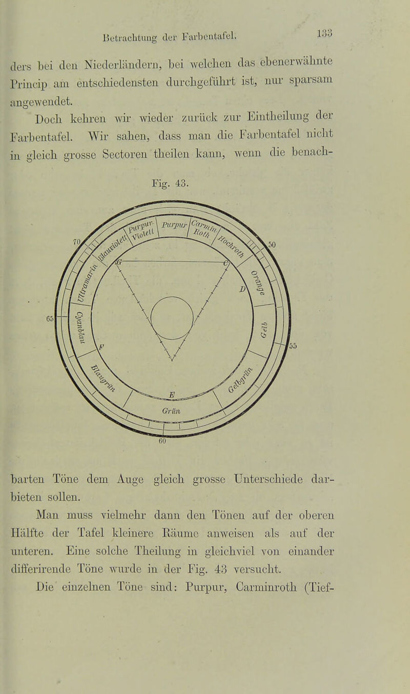 ders bei den Niederländern, bei Avelchen das ebenerwälinte Princip am entschiedensten durcligefülirt ist, nur sparsam angewendet. Doch kehren wir wieder zurück zur Eintheilung der Farbentafel. Wir sahen, dass man die Farbentafel nicht in gleich grosse Sectoren theilen kann, wenn die benach- Fig. 43. harten Töne dem Auge gleich grosse Unterschiede dar- bieten sollen. Man muss vielmehr dann den Tönen auf der oberen Hälfte der Tafel kleinere Räume anweisen als auf der unteren. Eine solche Theilung in gleichviel von einander differirendc Töne Avurde in der Fig. 43 versucht. Die einzelnen Töne sind: Purpur, Carminroth (Tief-