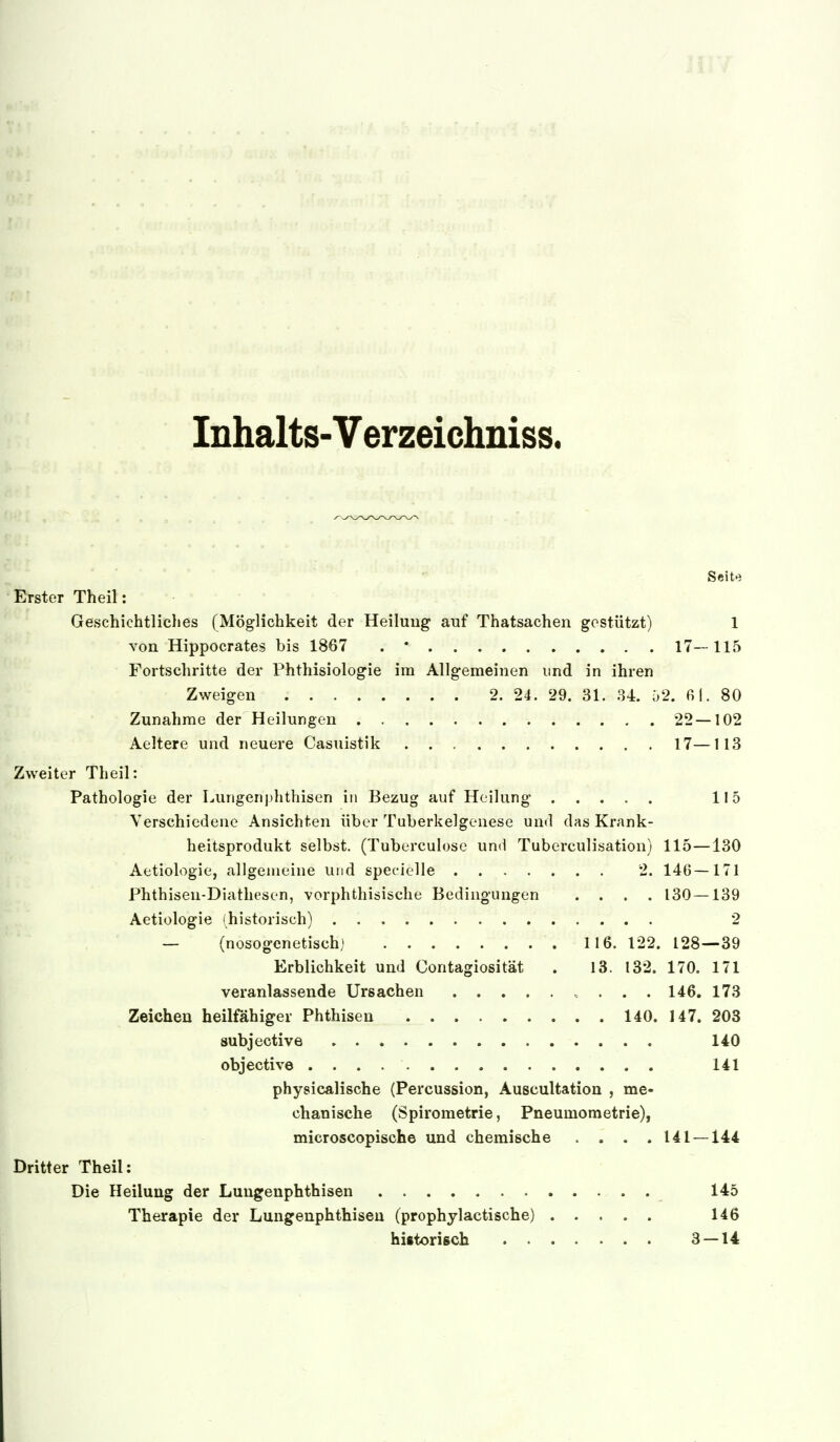 Inhalts-Verzeichniss. Seite Erster Theil: Geschichtliches (Möglichkeit der Heilung auf Thatsachen gestützt) 1 von Hippocrates bis 1867 . * 17—115 Fortschritte der Phthisiologie im Allgemeinen und in ihren Zweigen 2. 24. 29. 31. .34. ;V2. fil. 80 Zunahme der Heilungen 22 — 102 Aeltere und neuere Casuistik 17—113 Zweiter Theil: Pathologie der Lungen|)hthisen in Bezug auf Heilung 115 Verschiedene Ansichten über Tuberkelgenese und das Krank- heitsprodukt selbst. (Tuberculose und Tuberculisation) 115—130 Aetiologie, allgemeine und specielle 2. 146—171 Phthisen-Diathesen, vorphthisische Bedingungen .... 130 — 139 Aetiologie (historisch) 2 — (nosogcnetischj 116. 122. 128—39 Erblichkeit und Contagiosität . 13. 132. 170. 171 veranlassende Ursachen 146. 173 Zeichen heilfähiger Phthisen 140. 147. 203 subjective 140 objective 141 physicalische (Percussion, Auscultation , me- chanische (Spirometrie, Pneumometrie), microscopische und chemische .... 141 —144 Dritter Theil: Die Heilung der Luugenphthisen 145 Therapie der Luugenphthisen (prophylactische) 146 historisch 3 — 14