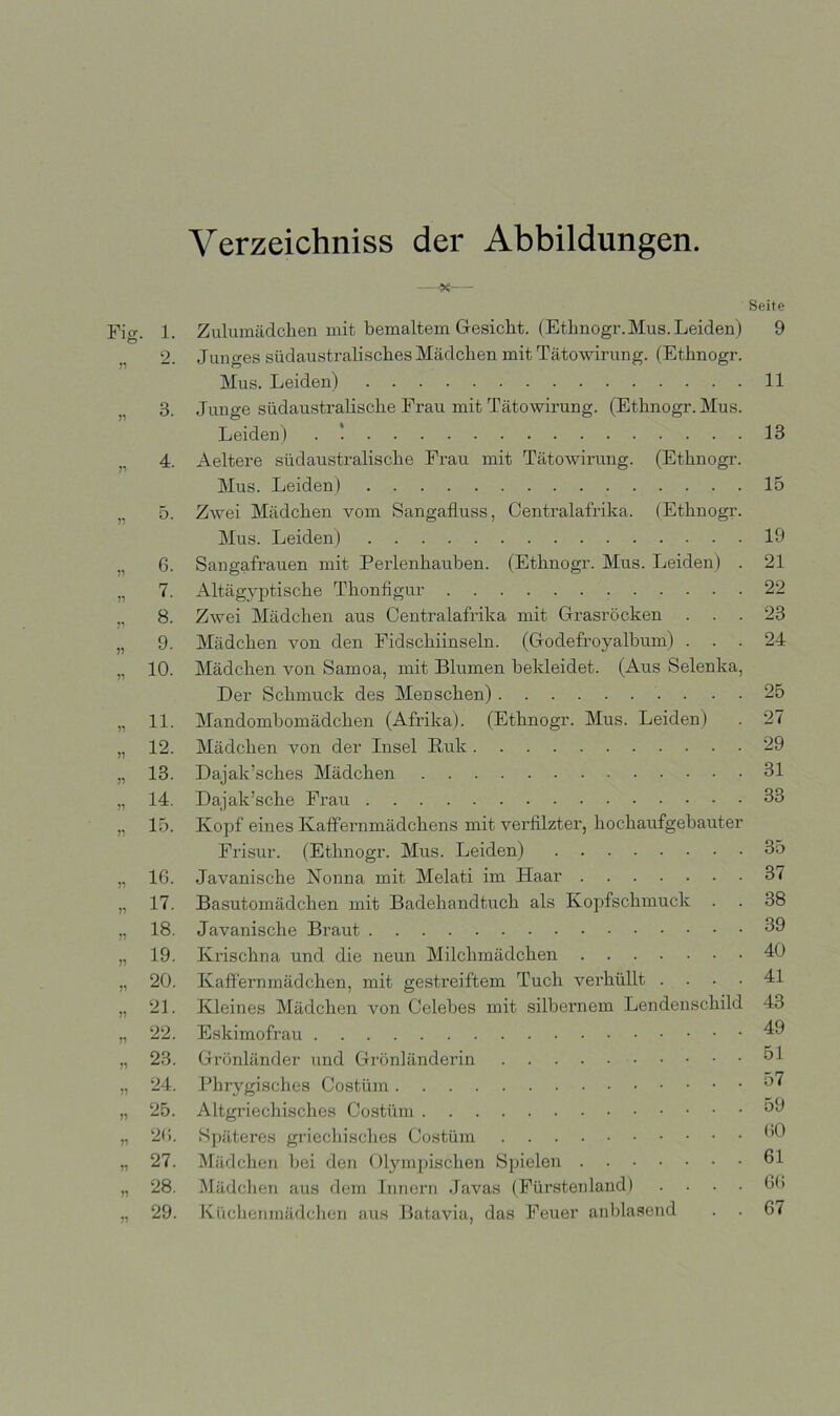 Verzeichniss der Abbildungen. -K Seite Fio-, 1. Zulumädclien mit bemaltem Gesiclit. (Ethnogr.Mus.Leiden) 9 2. Junges südaustraliscbes Mädchen mit Tätowirung. (Ethnogr. Mus. Leiden) 11 3. Junge südaustralische Frau mit Tätowirung. (Ethnogr. Mus. Leiden) . ! 13 „ 4. Aeltere südaustralische Frau mit Tätowirung. (Ethnogr. Mus. Leiden) 15 „ 5. Zwei Mädchen vom Sangafluss, Centralafrika. (Ethnogr. Mus. Leiden) 19 „ 6. Sangafrauen mit Perlenhauben. (Ethnogr. Mus. Leiden) . 21 „ 7. Altägyptische Thonfigur 22 „ 8. Zwei Mädchen aus Centralafrika mit Grasröcken ... 23 „ 9. Mädchen von den Fidschiinseln. (Godefroyalbum) ... 24 „ 10. Mädchen von Samoa, mit Blumen bekleidet. (Aus Selenka, Der Schmuck des Menschen) 25 „ 11. Mandombomädchen (Afrika). (Ethnogr. Mus. Leiden) . 27 „ 12. Mädchen von der Insel Ruk 29 „ 13. Dajak’sches Mädchen 31 „ 14. Dajak’sche Frau 33 „ 15. Kopf eines Kaffernmädchens mit verfilzter, hochaufgebauter Frisur. (Ethnogr. Mus. Leiden) 35 „ 16. Javanische Nonna mit Melati im Haar 37 „ 17. Basutomädchen mit Badehandtuch als Kopfschmuck . . 38 „ 18. Javanische Braut 39 „ 19. Krischna und die neun Milchmädchen 40 „ 20. Kaffernmädchen, mit gestreiftem Tuch verhüllt .... 41 „ 21. Kleines Mädchen von Celebes mit silbernem Lendenschild 43 „ 22. Eskimofrau „ 23. Grönländer und Grönländerin „ 24. Phrygischos Costüm „ 25. Altgriechisches Costüm „ 2(». Späteres griechisclies Costüm „ 27. Mädchen bei den Glympisclien Spielen 61 „ 28. jMädclien aus dem Linern Javas (Pürstenland) . . . . 0(>
