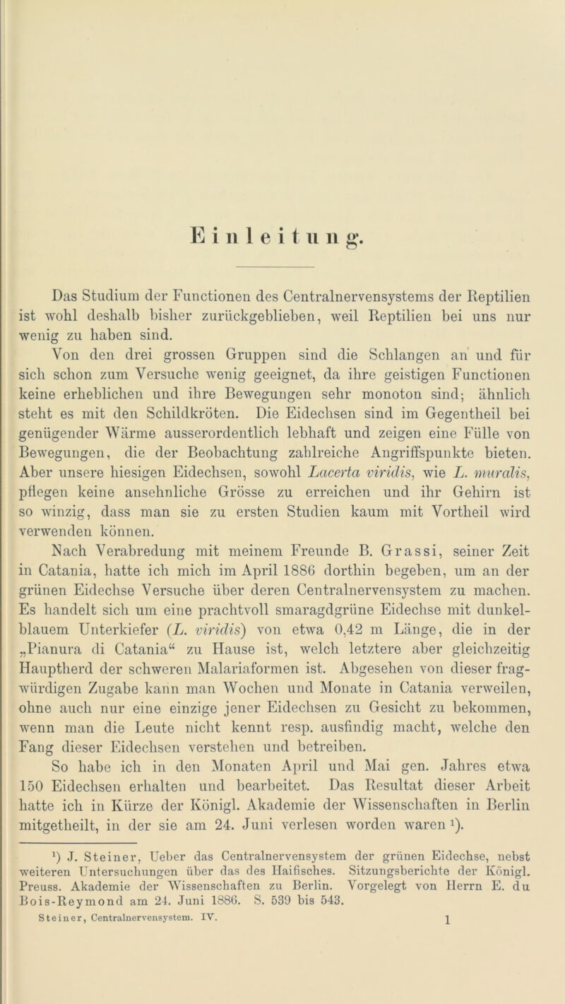 Das Studium der Functionen des Centralnervensystems der Reptilien ist wohl deshalb bisher zurückgeblieben, weil Reptilien bei uns nur wenig zu haben sind. Von den drei grossen Gruppen sind die Schlangen an und für sich schon zum Versuche wenig geeignet, da ihre geistigen Functionen keine erheblichen und ihre Bewegungen sehr monoton sind; ähnlich steht es mit den Schildkröten. Die Eidechsen sind im Gegentheil bei genügender Wärme ausserordentlich lebhaft und zeigen eine Fülle von Bewegungen, die der Beobachtung zahlreiche Angriffspunkte bieten. Aber unsere hiesigen Eidechsen, sowohl Lacerta viridis, wie L. muralis, pflegen keine ansehnliche Grösse zu erreichen und ihr Gehirn ist so winzig, dass man sie zu ersten Studien kaum mit Vortheil wird verwenden können. Nach Verabredung mit meinem Freunde B. Grassi, seiner Zeit in Catania, hatte ich mich im April 1886 dorthin begeben, um an der grünen Eidechse Versuche über deren Centralnervensystem zu machen. Es handelt sich um eine prachtvoll smaragdgrüne Eidechse mit dunkel- blauem Unterkiefer (L. viridis) von etwa 0,42 m Länge, die in der „Pianura di Catania“ zu Hause ist, welch letztere aber gleichzeitig Hauptherd der schweren Malariaformen ist. Abgesehen von dieser frag- würdigen Zugabe kann man Wochen und Monate in Catania verweilen, ohne auch nur eine einzige jener Eidechsen zu Gesicht zu bekommen, wenn man die Leute nicht kennt resp. ausfindig macht, welche den Fang dieser Eidechsen verstehen und betreiben. So habe ich in den Monaten April und Mai gen. Jahres etwa 150 Eidechsen erhalten und bearbeitet. Das Resultat dieser Arbeit hatte ich in Kürze der Königl. Akademie der Wissenschaften in Berlin mitgetheilt, in der sie am 24. Juni verlesen worden waren J). l) J. Steiner, Ueber das Centralnervensystem der grünen Eidechse, nebst weiteren Untersuchungen über das des Haifisches. Sitzungsberichte der Königl. Preuss. Akademie der Wissenschaften zu Berlin. Yorgelegt von Herrn E. du Bois-Reymond am 24. Juni 1886. S. 539 bis 543. Steiner, Centralnervensystem. IV. 1