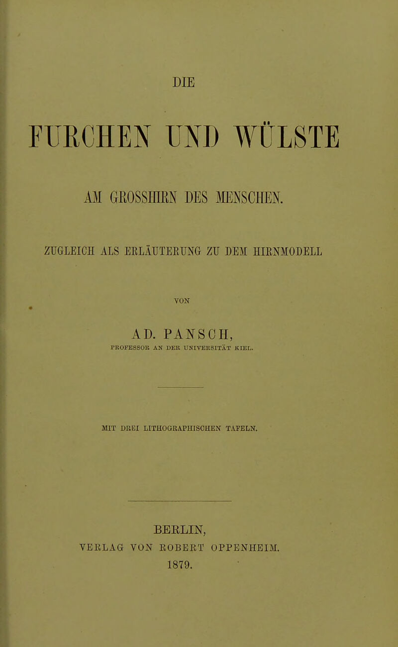 DIE FUUCHEN UNI) WÜLSTE m GROSSfflRN DES MÖSCHEN. ZUGLEICH ALS EELÄUTEETJNG ZU DEM HIENMODELL VON AD. PANSCH, PROFESSOR AN DEK UNIVERSITÄT KIEL. MIT DREI LITHOGRAPHISCHEN TAFELN. VERLAG BERLIN, VON EOBERT OPPENHEIM. 1879.