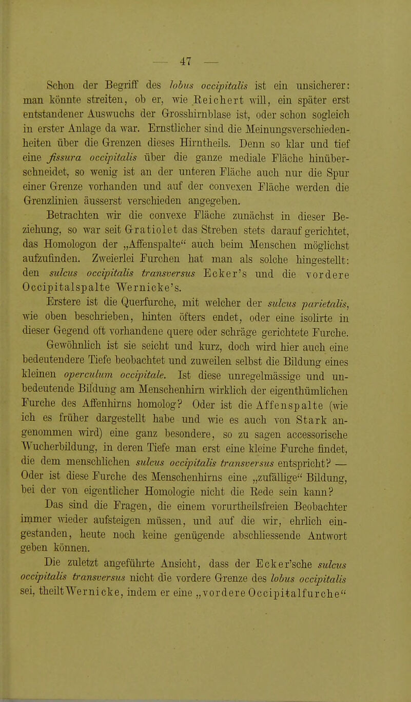 Schon der Begiiff des hbus occipitalis ist ein unsicherer: man könnte streiten, ob er, wie Eeiehert will, ein später erst entstandener Auswuchs der Grosshimblase ist, oder schon sogleich in erster Anlage da war. Ernstlicher sind die Meinungsverschieden- heiten über die Grenzen dieses Hirntheils. Denn so klar und tief eine fissura occipitalis über die ganze mediale Fläche hinüber- schneidet, so wenig ist an der unteren Fläche auch nur die Spur einer Grenze vorhanden und auf der convexen Fläche werden die Grenzhnien äusserst verschieden angegeben. Betrachten wir die convexe Fläche zunächst in dieser Be- ziehimg, so war seit Gratiolet das Streben stets darauf gerichtet, das Homologen der „Affenspalte auch beün Menschen möghchst aufeufinden. Zweierlei Furchen hat man als solche hingestellt: den sulcus occipitalis iransversus Ecker's und die vordere Occipitalspalte Wernicke's. Erstere ist die Querfurche, mit welcher der sulcus parietalis, wie oben beschiieben, hinten öfters endet, oder eine isolirte in dieser Gegend oft vorhandene quere oder schräge gerichtete Fm-che. Gewöhnüch ist sie seicht und kurz, doch wird hier auch eine bedeutendere Tiefe beobachtet und zuweilen selbst die Bildung eines kleineu opercubim occipitale. Ist diese unregelmässige und un- bedeutende Bildung am Menschenhirn mrküch der eigenthümlichen Fm-che des Affenhirns homolog? Oder ist die Affenspalte (wie ich es früher dargestellt habe und wie es auch von Stark an- genommen wird) eine ganz besondere, so zu sagen accessorische Wucherbildung, in deren Tiefe man erst eine kleine Furche findet, die dem menschUchen sulcus occipitalis transversus entspricht? — Oder ist diese Furche des Menschenhirns eme „zufällige Bildung, bei der von eigenthcher Homologie nicht die Eede sein kann? Das sind die Fragen, die einem vorurtheilsfreien Beobachter immer wieder aufsteigen müssen, und auf die wir, ehrlich ein- gestanden, heute noch keine genügende abschhessende Antwort geben können. Die zuletzt angeführte Ansicht, dass der Ecker'sche sulcus occipitalis ti-ansversus nicht die vordere Grenze des lohus occipitalis sei, theiltWernicke, indem er eine „vordere Occipitalfurche