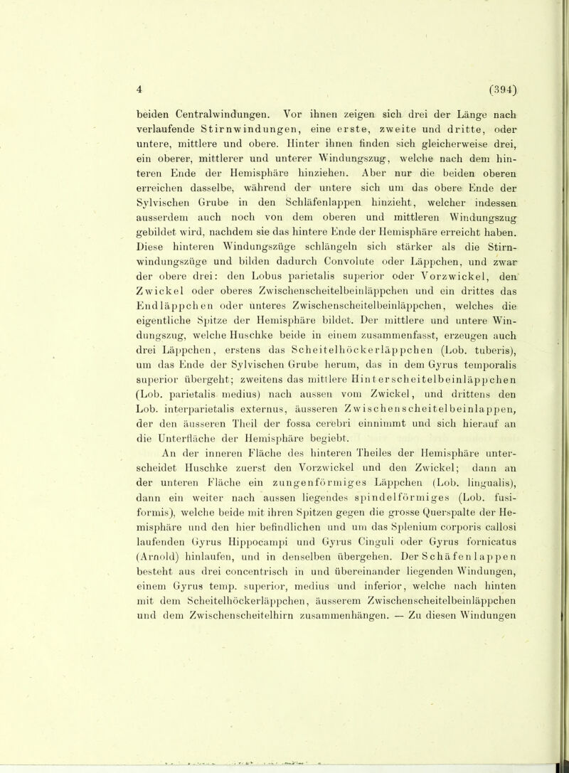 beiden Centraiwindungen. Vor ihnen zeigen sich drei der Länge nach verlaufende Stirnwindungen, eine erste, zweite und dritte, oder untere, mittlere und obere. Hinter ihnen finden sich gleicherweise drei, ein oberer, mittlerer und unterer Windungszug, welche nach dem hin- teren Ende der Hemisphäre hinziehen. Aber nur die beiden oberen erreichen dasselbe, während der untere sich um das obere Ende der Sylvischen Grube in den Schläfenlappen hinzieht, welcher indessen ausserdem auch noch von dem oberen und mittleren Windungszug gebildet wird, nachdem sie das hintere Ende der Hemisphäre erreicht haben. Diese hinteren Windungszüge schlängeln sich stärker als die Stirn- windungszüge und bilden dadurch Convolute oder Läppchen, und zwar der obere drei: den Lobus parietalis superior oder Vorzwickel, den Zwickel oder oberes Zwischenscheitelbeinläppchen und ein drittes das Endläppchen oder unteres Zwischenscheitelbeinläppchen, welches die eigentliche Spitze der Hemisphäre bildet. Der mittlere und untere Win- dungszug, welche Huschke beide in einem zusammenfasst, erzeugen auch drei Läppchen, erstens das Scheitelhöckerläppchen (Lob. tuberis), um das Ende der Sjlvischen Grube herum, das in dem Gyrus temporalis superior übergeht; zweitens das mittlere Hinterscheitelbeinläppchen (Lob. parietalis medius) nach aussen vom Zwickel, und drittens den Lob. interparietalis externus, äusseren Zwischenscheitelbeinlappen, der den äusseren Theil der fossa cerebri einnimmt und sich hierauf an die Unterfläche der Hemisphäre begiebt. An der inneren Fläche des hinteren Theiles der Hemisphäre unter- scheidet Huschke zuerst den Vorzwickel und den Zwickel; dann an der unteren Fläche ein zungenförmiges Läppchen (Lob. lingualis), dann ein weiter nach aussen liegendes spindeiförmiges (Lob. fusi- formis), welche beide mit ihren Spitzen gegen die grosse Querspalte der He- misphäre und den hier befindlichen und um das Splenium corporis callosi laufenden Gyrus Hippocampi und Gyrus Cinguli oder Gyrus fornicatus (Arnold) hinlaufen, und in denselben übergehen. Der Schäfen 1 appen besteht aus drei concentrisch in und übereinander liegenden Windungen, einem Gyrus temp. superior, medius und inferior, welche nach hinten mit dem Scheitelhöckerläppchen, äusserem Zwischenscheitelbeinläppchen und dem Zwischenscheitelhirn zusammenhängen. — Zu diesen Windungen