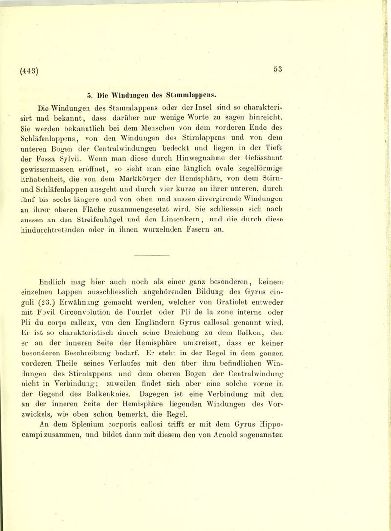 53 5. Die Windungen des Stanimlappens. Die Windungen des Stammlappens oder der Insel sind so charakteri- sirt und bekannt, dass darüber nur wenige Worte zu sagen hinreicht. Sie werden bekanntlich bei dem Menschen von dem vorderen Ende des Schläfenlappens, von den Windungen des Stirnlappens und von dem unteren Bogen der Centraiwindungen bedeckt und liegen in der Tiefe der Fossa öylvii. Wenn man diese durch Hinwegnalime der Gefässhaut gewissermassen eröffnet, so sieht man eine länglich ovale kegelförmige Erhabenheit, die von dem Markkörper der Hemisphäre, von dem Stirn- und Schläfenlappen ausgeht und durch vier kurze an ihrer unteren, durch fünf bis sechs längere und von oben und aussen divergirende Windungen an ihrer oberen Fläche zusammengesetzt wird, Sie schliessen sich nach aussen an den Streifenhügel und den Linsenkern, und die durch diese hiudurchtretenden oder in ihnen wurzelnden Fasern an. Endlich mag hier auch noch als einer ganz besonderen, keinem einzelnen Lappen ausschliesslich angehörenden Bildung des Gyrus ciu- guli (23.) Erwähnung gemacht werden, welcher von Gratiolet entweder mit Fovil Circonvolution de l'ourlet oder Pli de la zone interne oder Pli du Corps calleux, von den Engländern Gyrus callosal genannt wird. Er ist so charakteristisch durch seine Beziehung zu dem Balken, den er an der inneren Seite der Hemisphäre umkreiset, dass er keiner besonderen Beschreibung bedarf. Er steht in der Regel in dem ganzen vorderen Theile seines Verlaufes mit den über ihm befindlichen Win- dungen des Stirnlappens und dem oberen Bogen der Centraiwindung nicht in Verbindung; zuweilen findet sich aber eine solche vorne in der Gegend des Balkenknies. Dagegen ist eine Verbindung mit den an der inneren Seite der Hemisphäre liegenden Windungen des Vor- zwickels, wie oben schon bemerkt, die Regel. An dem Splenium corporis callosi trifft er mit dem Gjrus Hippo- campi zusammen, und bildet dann mit diesem den von Arnold sogenannten