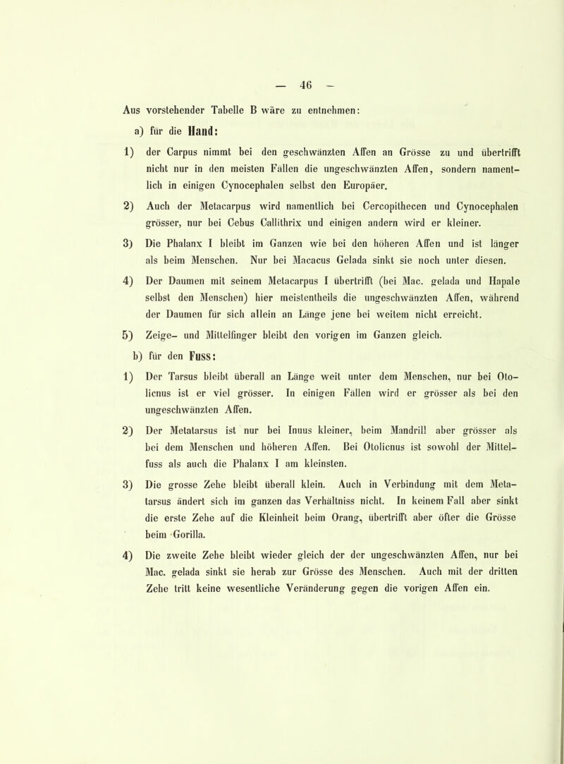 Aus vorstehender Tabelle B wäre zii entnehmen: a) für die Haiid: 1) der Carpus nimmt bei den g-eschwänzten AfTen an Grösse zu und übertrifft nicht nur in den meisten Fällen die ungeschwänzten Affen, sondern nament- lich in einigen Cynocephalen selbst den Europäer« 2) Auch der Metacarpus wird namentlich bei Cercopithecen und Cynocephalen grösser, nur bei Cebus Callithrix und einigen andern wird er kleiner. 3) Die Phalanx I bleibt im Ganzen wie bei den höheren Affen und ist langer als beim Menschen. Nur bei Macacus Gelada sinkt sie noch unter diesen, 4) Der Daumen mit seinem Metacarpus I übertrifft (bei Mac. gelada und Hapale selbst den Menschen) hier meistentheils die ungeschwänzten Affen, während der Daumen für sich allein an Länge jene bei weitem nicht erreicht. 5) Zeige- und Mittelfinger bleibt den vorigen im Ganzen gleich. b) für den FuSS: 1) Der Tarsus bleibt überall an Länge weit unter dem Menschen, nur bei Oto- licnus ist er viel grösser. In einigen Fällen wird er grösser als bei den ungeschwänzten Affen. 2) Der Metatarsus ist nur bei Inuus kleiner, beim Mandrill aber grösser als bei dem Menschen und höheren Affen. Bei Otolicnus ist sowohl der Mittel- fuss als auch die Phalanx I am kleinsten. 3) Die grosse Zehe bleibt überall klein. Auch in Verbindung mit dem Meta- tarsus ändert sich im ganzen das Verhältniss nicht. In keinem Fall aber sinkt die erste Zehe auf die Kleinheit beim Orang, übertrifft aber öfter die Grösse beim Gorilla. 4) Die zweite Zehe bleibt wieder gleich der der ungeschwänzten Affen, nur bei Mac. gelada sinkt sie herab zur Grösse des Menschen. Auch mit der dritten Zehe tritt keine wesentliche Veränderung gegen die vorigen Affen ein.