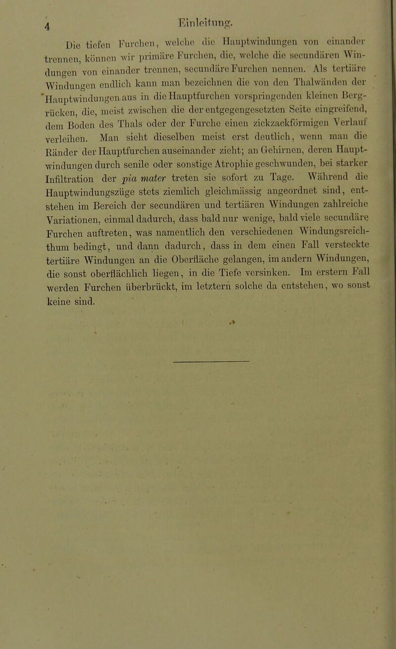 Die tiefen Furclieii, welche die Hauptwindungen von einander trennen können wir primäre Furchen, die, welche die secundären Win- dungen von einander trennen, secundäre Furchen nennen. Als tertiäre Windungen endlich kann man bezeichnen die von den Thalwänden der 'Hauptwindungen.aus in die Hauptfurchen vorspringenden kleinen Berg- rücken, die, meist /wischen die der entgegengesetzten Seite eingreifend, dem Boden des Thals oder der Furche einen zickzackförraigen Verlauf verleihen. Man sieht dieselben meist erst deutlich, wenn man die Ränder der Hauptfurcheu auseinander zieht; an Gehirnen, dei-en Haupt- windungen durch senile oder sonstige Atrophie geschwunden, bei starker Infiltration der pia maier treten sie sofort zu Tage. Während die Hauptwindungszüge stets ziemlich gleichmässig angeordnet sind, ent- stehen im Bereich der secundären und tertiären Windungen zahlreiche Variationen, einmal dadurch, dass bald nur wenige, bald viele secundäre Furchen auftreten, was namentlich den verschiedenen Windungsreich- thum bedingt, und dann dadurch, dass in dem einen Fall versteckte tertiäre Windungen an die Oberfläche gelangen, im andern Windungen, die sonst oberflächlich liegen, in die Tiefe versinken. Im erstem Fall werden Furchen überbrückt, im letztern solche da entstehen, wo sonst keine sind.