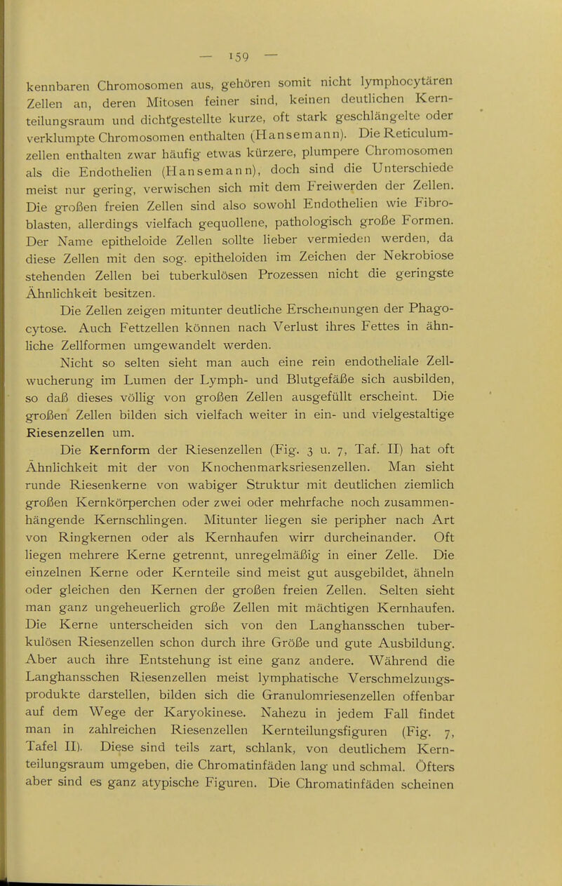 kennbaren Chromosomen aus, gehören somit nicht lymphocytären Zellen an, deren Mitosen feiner sind, keinen deutlichen Kern- teilungsraum und dichtgestellte kurze, oft stark geschlängelte oder verklumpte Chromosomen enthalten (Hansemann). Die Reticulum- zellen enthalten zwar häufig etwas kürzere, plumpere Chromosomen als die Endothelien (Hansemann), doch sind die Unterschiede meist nur gering, verwischen sich mit dem Freiwerden der Zellen. Die großen freien Zellen sind also sowohl Endothelien wie Fibro- blasten, allerdings vielfach gequollene, pathologisch große Formen. Der Name epitheloide Zellen sollte lieber vermieden werden, da diese Zellen mit den sog. epitheloiden im Zeichen der Nekrobiose stehenden Zellen bei tuberkulösen Prozessen nicht die geringste Ähnlichkeit besitzen. Die Zellen zeigen mitunter deutliche Erschemungen der Phago- cytose. Auch Fettzellen können nach Verlust ihres Fettes in ähn- liche Zellformen umgewandelt werden. Nicht so selten sieht man auch eine rein endotheliale Zell- wucherung im Lumen der Lymph- und Blutgefäße sich ausbilden, so daß dieses völlig von großen Zellen ausgefüllt erscheint. Die großen Zellen bilden sich vielfach weiter in ein- und vielgestaltige Riesenzellen um. Die Kernform der Riesenzellen (Fig. 3 u. 7, Taf. II) hat oft Ähnlichkeit mit der von Knochenmarksriesenzellen. Man sieht runde Riesenkerne von wabiger Struktur mit deutlichen ziemlich großen Kernkörperchen oder zwei oder mehrfache noch zusammen- hängende Kernschlingen. Mitunter liegen sie peripher nach Art von Ringkernen oder als Kernhaufen wirr durcheinander. Oft liegen mehrere Kerne getrennt, unregelmäßig in einer Zelle. Die einzelnen Kerne oder Kernteile sind meist gut ausgebildet, ähneln oder gleichen den Kernen der großen freien Zellen. Selten sieht man ganz ungeheuerlich große Zellen mit mächtigen Kernhaufen. Die Kerne unterscheiden sich von den Langhansschen tuber- kulösen Riesenzellen schon durch ihre Größe und gute Ausbildung-. Aber auch ihre Entstehung ist eine ganz andere. Während die Langhansschen Riesenzellen meist lymphatische Verschmelzungs- produkte darstellen, bilden sich die Granulomriesenzellen offenbar auf dem Wege der Karyokinese. Nahezu in jedem Fall findet man in zahlreichen Riesenzellen Kernteilungsfiguren (Fig. 7, Tafel II). Diese sind teils zart, schlank, von deutlichem Kern- teilungsraum umgeben, die Chromatinfäden lang und schmal. Öfters aber sind es ganz atypische Figuren. Die Chromatinfäden scheinen