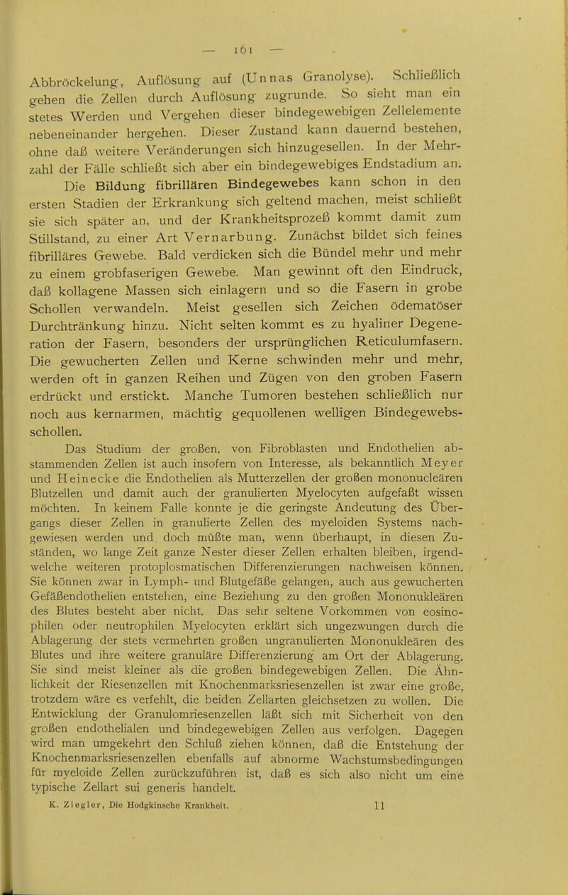 Abbröckelung, Auflösung auf (Unnas Granolyse). Schließlich gehen die Zellen durch Auflösung zugrunde. So sieht man ein stetes Werden und Vergehen dieser bindegewebigen Zellelemente nebeneinander hergehen. Dieser Zustand kann dauernd bestehen, ohne daß weitere Veränderungen sich hinzugesellen. In der Mehr- zahl der Fälle schließt sich aber ein bindegewebiges Endstadium an. Die Bildung fibrillären Bindegewebes kann schon in den ersten Stadien der Erkrankung sich geltend machen, meist schließt sie sich später an, und der Krankheitsprozeß kommt damit zum Stillstand, zu einer Art Vernarbung. Zunächst bildet sich feines fibrilläres Gewebe. Bald verdicken sich die Bündel mehr und mehr zu einem grobfaserigen Gewebe. Man gewinnt oft den Eindruck, daß kollagene Massen sich einlagern und so die Fasern in grobe Schollen verwandeln. Meist gesellen sich Zeichen ödematöser Durchtränkung hinzu. Nicht selten kommt es zu hyaliner Degene- ration der Fasern, besonders der ursprünglichen Reticulumfasern. Die gewucherten Zellen und Kerne schwinden mehr und mehr, werden oft in ganzen Reihen und Zügen von den groben Fasern erdrückt und erstickt. Manche Tumoren bestehen schließlich nur noch aus kernarmen, mächtig gequollenen welHgen Bindegewebs- schollen. Das Studium der großen, von Fibroblasten und Endothelien ab- stammenden Zellen ist auch insofern von Interesse, als bekanntlich Meyer und Heinecke die Endothelien als Mutterzellen der großen mononucleären Blutzellen und damit auch der granulierten Myelocyten aufgefaßt wissen möchten. In keinem Falle konnte je die geringste Andeutung des Über- gangs dieser Zellen in granulierte Zellen des myeloiden Systems nach- gewiesen werden und doch müßte man, wenn überhaupt, in diesen Zu- ständen, wo lange Zeit ganze Nester dieser Zellen erhalten bleiben, irgend- welche weiteren protoplosmatischen Differenzierungen nachweisen können. Sie können zwar in Lymph- und Blutgefäße gelangen, auch aus gewucherten Gefäßendothelien entstehen, eine Beziehung zu den großen Mononukleären des Blutes besteht aber nicht. Das sehr seltene Vorkommen von eosino- philen oder neutrophilen Myelocyten erklärt sich ungezwungen durch die Ablagerung der stets vermehrten großen ungranulierten Mononukleären des Blutes und ihre weitere granuläre Differenzierung am Ort der Ablagerung. Sie sind meist kleiner als die großen bindegewebigen Zellen. Die Ähn- lichkeit der Riesenzellen mit Knochenmarksriesenzellen ist zwar eine große, trotzdem wäre es verfehlt, die beiden Zellarten gleichsetzen zu wollen. Die Entwicklung der Granulomriesenzellen läßt sich mit Sicherheit von den großen endothelialen und bindegewebigen Zellen aus verfolgen. Dagegen wird man umgekehrt den Schluß ziehen können, daß die Entstehung der Knochenmarksriesenzellen ebenfalls auf abnorme Wachstumsbedingangen für myeloide Zellen zurückzuführen ist, daß es sich also nicht um eine typische Zellart sui generis handelt. K. Zieglor, Die Hodgkinsche Krankheit. 11