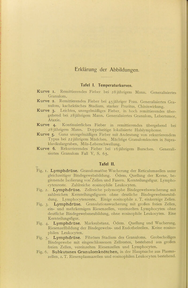 Erklärung der Abbildungen. Tafel I. Temperaturkurven. Kurve i. Remittierendes Fieber bei 28 jährigem Mann. Generalisiertes Granulom. Kurve 2. Remittierendes Fieber bei 45jähriger Frau. Generalisiertes Gra- nulom, kachektisches Stadium, starker Pruritus, Chininwirkung. Kurve 3. Leichtes, unregelmäläiges Fieber, in hocli remittierendes über- gehend bei 28jährigem Mann. Generalisiertes Granulom, Lebertumor, Ataxie. Kurve 4. Kontinuierliches Fieber in remittierendes übergehend bei 2 8jährigem Mann. Doppelseitige lokalisierte Halslymphome. Kurve 5. Ganz unregelmäßiges Fieber mit Andeutung von rekurrierendem Typus bei 2 2jährigem Mädchen. Mächtige Granulomknoten in Supra- klavikulargruben, Milz-Leberschwellung. Kurve 6. Rekurrierendes Fieber bei 16 jährigem Burschen. Generali- siertes Granulom Fall V, S. 65. Tafel II. Fig. I. Lymphdrüse. Granulomatose Wucherung der Reticulumzellen unter gleichzeitiger Bindegewebsbildung. Ödem, Quellung der Kerne, be- ginnende Isolierung von Zellen und Fasern. Kernteilungsfigur. L3'mpho- cytenreste. Zahlreiche eosinophile Leukocyten. Fig. 2. Lymphdrüse. Zellreiche polymorplie Bindegewebswucherung mit zahlreichen Kernteilungsfiguren ohne deutliche Bindegewebsneubil- dung. Lymphocytenreste. Einige eosinophile z. T. einkernige Zellen. Fig. 3. Lymphdrüse. Granulationswucherung mit großen freien Zellen, ein- und mehrkemigen Riesenzellen, vereinzelten Lymphocyten ohne deutliche Bindegewebsneubildung, ohne eosinophile Leukocyten. Eine Kernteilungsfigur. Fig. 4. Lymphdrüse. Marksubstanz. Ödem. Quellung und Wucherung, Riesenzellbildung der Bindegewebs- und Endothelzellen. Keine eosino- philen Leukocyten. Fig. 5. Lymphdrüse. Fibröses Stadium des Granuloms. Grobscholliges Bindegewebe mit eingeschlossenen Zellresten, bestehend aus großen freien Zellen, vereinzelten Riesenzellen und Lymphocyten. Fig. 6. Subkutanes Granulomknötchen, in der Hauptsache aus Plasnia- zellen, z. T. Riesenplasmazellen und eosinophilen Leukocyten bestehend.