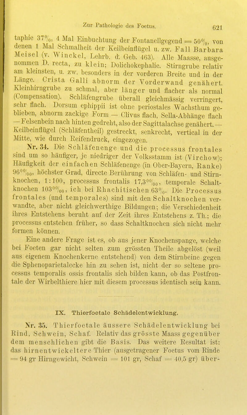 taphie 37%, 4 Mal Einbuchtung der Fontanellgegend = 50%, von denen 1 Mal Sclimalheit der Keilbeinflügel u.zw. Fall Barbara Meisel (V. Winckel, Lelirb. d'. Geb. 463). Alle Maasse, ausge- nommen D. recta, zu klein; Dolicliokephalie. Stirngrube relativ am kleinsten, u. zw. besonders in der vorderen Breite und in der Lange. Crista Galli abnorm der Vorderwand genähert Klemhirngrube zu schmal, aber länger und flacher als normal (Compensation). Schläfengrube überall gleichmässig verringert, sehr flach. Dorsuni ephippii ist ohne periostales Wachsthum ge- blieben, abnorm zackige Form — Clivus flach, Sella-Abhänge flach —Felsenbein nach hinten gedreht, also der Sagittalachse genähert. — Keilbcinflügel (Schläfentheil) gestreckt, senkrecht, vertical in der iVIitte, wie durch Reifendruck, eingezogen. Nr. 34 Die Schläfenenge und die Processus frontales sind um so häufiger, je niedriger der Volksstamm ist (Virchow); Häufigkeit der einfachen Schläfenenge (in Ober-Bayern, Eanke) 96°%o, höchster Grad, directe Berührung von Schläfen- und Stirn- knochen, 1:100, Processus frontalis 11,S'^Xq, temporale Schalt- knochen 1030%o, ich bei ßhachitischen 63%. Die Processus frontales (und temporales) sind mit den Schaltknochen ver- wandte, aber nicht gleichwerthige Bildungen; die Verschiedenheit ihres Entstehens beruht auf der Zeit ihres Entstehens z. Th.; die Processus entstehen früher, so dass Schaltknochen sich nicht mehr formen können. Eine andere Frage ist es, ob aus jener Knochenspange, welche bei Foeten gar nicht selten zum grössten Theile abgelöst (weil aus eigenem Knochenkerne entstehend) von dem Stirnbeine gegen die Sphenoparietalecke hin zu sehen ist, nicht der so seltene Pro- cessus temporalis ossis frontalis sich bilden kann, ob das Postfron- tale der Wirbelthiere hier mit diesem Processus identisch seiij kann. IX, Thierfoetale Sehädelentwieklung. Nr. »35. Thierfoetale äussere Schädelentwicklung bei Rind, Schwein, Schaf Relativ das grösste Maass gegenüber dem menschlichen gibt die Basis. Das weitere Resultat ist: das hirnentwickelter e Thier (ausgetragener Foetus vom Rinde = 94 gr Hirngewicht, Schwein == 101 gr, Schaf = 40,5 gr) über-