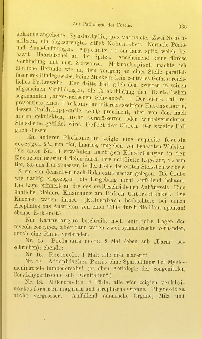 scharte angehörte; Syndactylie, pes variis etc. ZweiNeben- milzeii, cm abgesprengtes Stück Nebenleber. Normale Penis- T^?- ^PP^^^dix 1,1 cm lang, spitz, weich, be- luait, Haarbüschel an der Spitze. Anscheinend keine fibröse Veibindung mit dem Schwänze. Mikroskopisch machte ich ähnliche Befunde wie a^ dem vorigen; an einer Stelle parallel- faseriges Bmdeg^ewebe, keine Muskeln, kein centrales Gefäss; reich- liches Fettgewebe Der dritte Fall glich dem zweiten in seinen allgemeinen Verbildungen, die Caudalbildung dem Bartel'schen sogenannten „angewachsenen Schwänze. - Der vierte Fall re- präsentirte einen Phokomelus mit rechtsseitiger Hasenscharte, dessen Caudalappendix wenig prominent, aber von dem nach hinten geknickten, nicht vergrösserten oder wirbelvermehrten bteissbeme gebildet wird. Defect der Ohren. Der zweite Fall glich diesem. Ein anderer Phokomelus zeigte eine exquisite foveola coccygea 2V2 mm tief, haarlos, umgeben von behaarten Wülsten. Die unter Nr. 13 erwähnten narbigen Einziehungen in der Kreuzbeingegend fielen durch ihre seitliche Lage auf, 1,5 mm tief, 3,5 mm Durchmesser, in der Höhe des ersten Steissbeinwirbels, 1,2 cm von demselben nach links extramedian gelegen. Die Grube wie narbig eingezogen; die Umgebung nicht auffallend behaart. Die Lage erinnert an die des erstbeschriebenen Anhängsels. Eine ähnliche kleinere Einziehung am linken Unterschenkel. Die Knochen waren intact. (Kaltenbach beobachtete bei einem Acephalus das Austreten von einer Tibia durch die Haut spontan! ebenso Eckardt.) Nur Lannelongue beschreibt noch seitliche Lagen der foveola coccygea, aber dann waren zwei symmetrische vorhanden, durch eine Einne verbunden. Nr. 15. Prolapsus recti: 2 Mal (oben sub „Darm be- schrieben); ebenda: Nr. 16. Kectocele:! Mal; alle drei macerirt. Nr. 17. Atrophischer Penis ohne Spaltbildung bei Myelo-- meningocele lumbodorsalis! (cf. oben Aetiologie der congenitalen Cervixhypertrophie sub „Genitalien.) Nr. 18. Mikromelie: 4 Fälle; alle vier zeigten verklei- nertes foramen magnum und atrophische Organe. Thyreoidea nicht vergrössert. Auffallend anämische Organe; Milz und