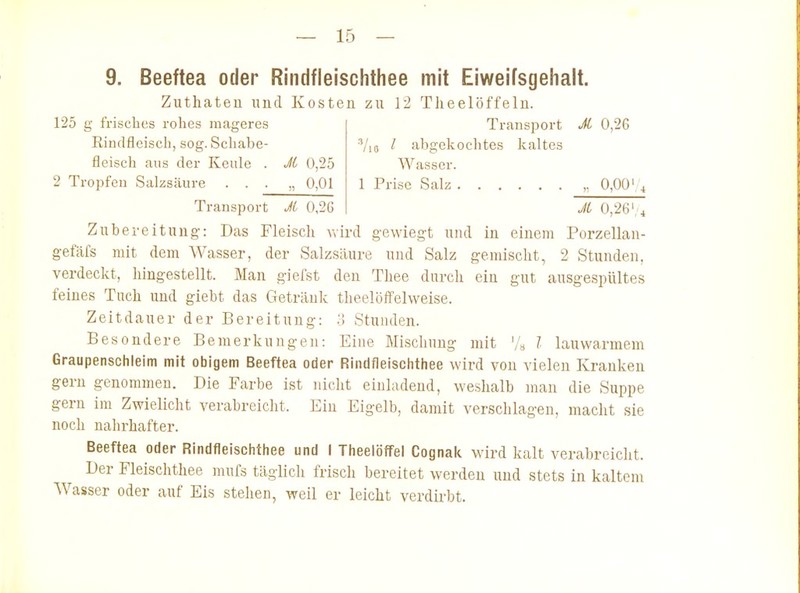 9. Beeftea oder Rindfleischthee mit Eiweifsgehalt. Zuthateü und Kosten zu 12 Theelöffeln. 125 g frisches rohes mageres Kindfleisch, sog. Schabe- fleisch aus der Keule . 2 Tropfen Salzsäure . . . M 0,25 „ 0,01 Transport M 0,26 / abgekoclites kaltes Wasser. 1 Prise Salz „ 0,00' /lO Transport M 0,26 Zubereitung: Das Fleisch Avird gewiegt und in einem Porzellan- gefäfs mit dem Wasser, der Salzsäure und Salz gemischt, 2 Stunden, verdeckt, hingestellt. Man giefst den Thee durch ein gut ausgespültes feines Tuch und giebt das Getränk theelöffelweise. Zeitdauer der Bereitung: Stunden. Besondere Bemerkungen: Eine Mischung mit '/« 7. lauwarmem Graupenschleim mit obigem Beeftea oder Rindfleischthee wird von vielen Kranken gern genommen. Die Farbe ist nicht einladend, weshalb man die Suppe gern im Zwielicht verabreicht. Ein Eigelb, damit verschlagen, macht sie noch nahrhafter. Beeftea oder Rindfleischthee und I Theelöffel Cognak wird kalt verabreicht. Der Fleischthee mufs täglich frisch bereitet werden und stets in kaltem Wasser oder auf Eis stehen, weil er leicht verdü-bt.