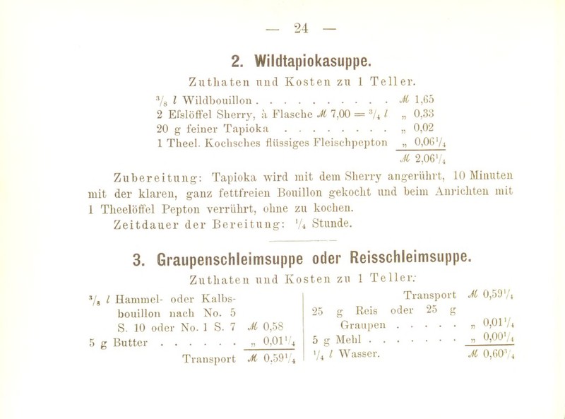 2. Wildtapiokasuppe. Zutliaten und Kosten zu 1 Teller. Vs l Wildbouillon Ji 1,6b 2 Efslölfel Sherry, a Flasche M 7,00 = 7^ l „ 0,33 20 g feiner Tapioka „ 0,02 1 Theel. Kochsches flüssiges Fleischpepton „ 0,0(3'A M 2,06'U Zubereitung-: Tapioka wird mit dem Sherry angerührt, 10 Minuten mit der klaren, ganz fettfreien Bouillon gekocht und beim Anrichten mit 1 Theelöffel Pepton verrührt, ohne zu kochen. Zeitdauer der Bereitung: 'A Stunde. 3. Graupenschleimsuppe oder Reisschleimsuppe. Zuthateu und Kosten zu 1 Teller.- Vg l Hammel- oder Kalbs- Transport Jl 0,59'A bouillon nach No. 5 25 g Reis oder 25 g S. 10 oder No. 1 S. 7 ^ 0,58 Graupen „ 0,01'A 5 g Butter „ 0,01'A 5 g Mehl  ^'^^^'-^ Transport M 0,59'/, ^