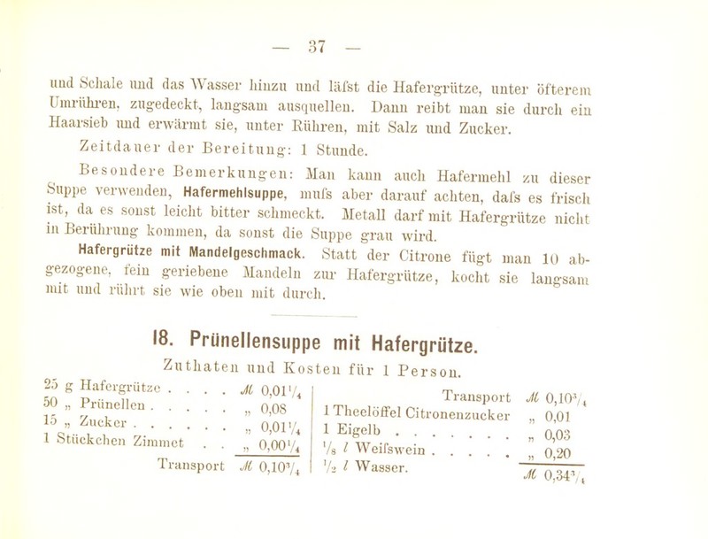 iiud Scliale und das Wasser liiuzu und läfst die Hafergrütze, unter öfterem ümriUu-en, zugedeckt, langsam ausquelleu. Daun reibt man sie durch ein Haarsieb imd erwärmt sie, unter Eühren, mit Salz und Zucker. Zeitdauer der Bereitung: 1 Stunde. Besondere Bemerkungen: Man kann auch Hafermehl zu dieser Suppe verwenden, Hafermehlsuppe, mufs aber darauf achten, dafs es frisch ist, da es sonst leicht bitter schmeckt. Metall darf mit Hafergrütze nicht in Berührung kommen, da sonst die Suppe grau wird. Hafergrütze mit Mandelgeschmack. Statt der Citrone fügt mau 10 ab- gezogene, fein geriebene Mandeln ziu- Hafergrütze, kocht sie langsam nut und rülirt sie wie oben mit durch. 25 g Hafergrütze . 50 „ Prünelleu . . , 15 „ Zucker . . . , 1 Stückchen Zimmct 18. Prünellenslippe mit Hafergrütze. Zuthaten und Kosten für 1 Person. M 0,01V, „ 0,08 „ 0,01V, „ 0,00 V, Transport Ji 0,107, Transport 1 Theelöffel Citronenzucker 1 Eigelb Vs l Weifswein . . . . . V2 l Wasser. M 0,107', „ 0,01 „ 0,03 „ 0,20 M 0,34V j