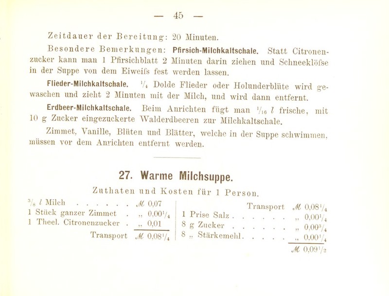 Zeitdauer der Bereitung-: 20 Minuten. Besondere Bemerkungen: Pfirsich-Milchkaltschale. Statt Citronen- zucker kann man 1 Pfirsichblatt 2 Minuten darin zielien und Sclineeklöfse in der Suppe von dem Eiweifs fest werden lassen. Flieder-IMilchkaltschale. 'U Dolde Flieder oder Holunderblüte wird ge- waschen und zieht 2 Minuten mit der Milch, und wird dann entfernt. Erdbeer-Milchkaltschaie. Beim Am-ichten fügt man V,o l frische, mit 10 g Zucker eingezuckerte Walderdbeeren zur Milchkaltschale. Zimmet, Vanille, Blüten und Blätter, welche in der Suppe schwimmen, müssen vor dem Anrichten entfernt werden. 27. Warme Wlilchsuppe. 1 Stück ganzer Zimmet 1 Theel. Citronenzucker Zuthaten und Kosten für 1 Person. ■ . . . JC 0,07 o.oov, V 0,01 Transport JC 0.08 Transport Jt 0,08 V4 1 Prise Salz o,00'/4 8 g Zucker 0,007^ 8 ,, Stärkemelil 0.00'/^ Jl 0.09 V2