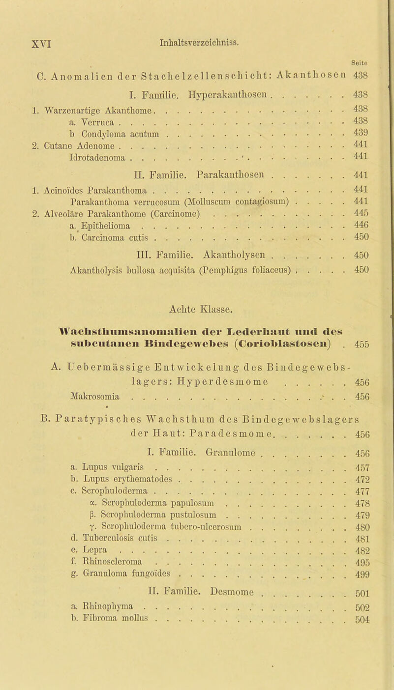 Seite C. Anomalien der Stächelzellenschicht: Akanthosen 438 I. Familie. Hyperakanthoscn 438 1. Warzenartige Akanthonie 438 a. Verruca 438 b Condyloma acutum 439 2. Cutane Adenome 441 Idrotadonoma ' 441 II. Familie. Parakanthosen 441 1. Acino'ides Parakantkoma 441 Parakantlioma verrueosum (Molluscum contagiosum) 441 2. Alveoläre Parakanthome (Carcinome) 445 a. _ Epithelioma 446 b. Carcinoma cutis 450 III. Familie. Akantholysen 450 Akantkolysis bullosa acquisita (Pemphigus foliaceus) 450 Achte Klasse. Wachstlmmsanoinalien der I.edernaut und des subcutanen Bindegewebes (Corioblastosen) 455 A. Uebermässige Entwick elung des Bindegewebs- lagers:Hyperdesmome 456 Makrosomia - . . 456 B. Paratypisches Wachsthum des Bindegewebslagers der Haut: Paradesmom e 456 I. Familie. Granulome 456 a. Lupus vulgaris 457 b. Lupus erythematodes 472 c. Scrophuloderma 477 oc. Scrophuloderma papulosum 478 ß. Scrophuloderma pustulosum . 479 y. Scrophuloderma tubero-ulccrosum 480 d. Tuberculosis cutis 481 e. Lepra 482 f. Khinosclcroma 495 g. Granuloma fungoides 499 II. Familie. Dcsmome 501 a. Khinophyma 502 b. Fibroma mollus 504