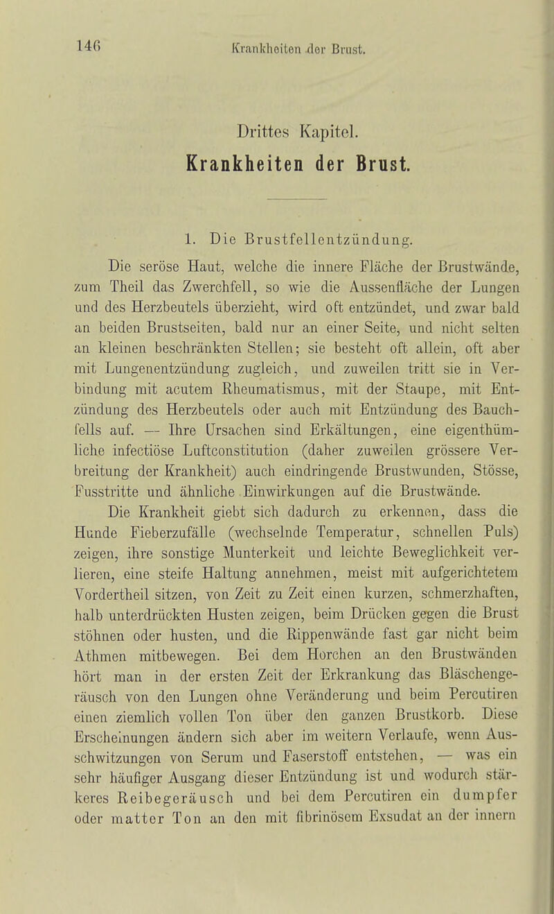 Drittes Kapitel. Krankheiten der Brust. 1. Die Brustfellentzündung. Die seröse Haut, welche die innere Fläche der Brustwände, zum Theil das Zwerchfell, so wie die Aussenfläche der Lungen und des Herzbeutels überzieht, wird oft entzündet, und zwar bald an beiden Brustseiten, bald nur an einer Seite, und nicht selten an kleinen beschränkten Stellen; sie besteht oft allein, oft aber mit Lungenentzündung zugleich, und zuweilen tritt sie in Ver- bindung mit acutem Rheumatismus, mit der Staupe, mit Ent- zündung des Herzbeutels oder auch mit Entzündung des Bauch- fells auf. — Ihre Ursachen sind Erkältungen, eine eigentüm- liche infectiöse Luftconstitution (daher zuweilen grössere Ver- breitung der Krankheit) auch eindringende Brustwanden, Stösse, Fusstritte und ähnliche Einwirkungen auf die Brustwände. Die Krankheit giebt sich dadurch zu erkennen, dass die Hunde Fieberzufälle (wechselnde Temperatur, schnellen Puls) zeigen, ihre sonstige Munterkeit und leichte Beweglichkeit ver- lieren, eine steife Haltung annehmen, meist mit aufgerichtetem Vordertheil sitzen, von Zeit zu Zeit einen kurzen, schmerzhaften, halb unterdrückten Husten zeigen, beim Drücken gegen die Brust stöhnen oder husten, und die Rippenwände fast gar nicht beim Athmen mitbewegen. Bei dem Horchen an den Brustwänden hört man in der ersten Zeit der Erkrankung das Bläschenge- räusch von den Lungen ohne Veränderung und beim Percutiren einen ziemlich vollen Ton über den ganzen Brustkorb. Diese Erscheinungen ändern sich aber im weitern Verlaufe, wenn Aus- schwitzungen von Serum und Faserstoff entstehen, — was ein sehr häufiger Ausgang dieser Entzündung ist und wodurch stär- keres Reibegeräusch und bei dem Percutiren ein dumpfer oder matter Ton an den mit fibrinösem Exsudat an dor innern