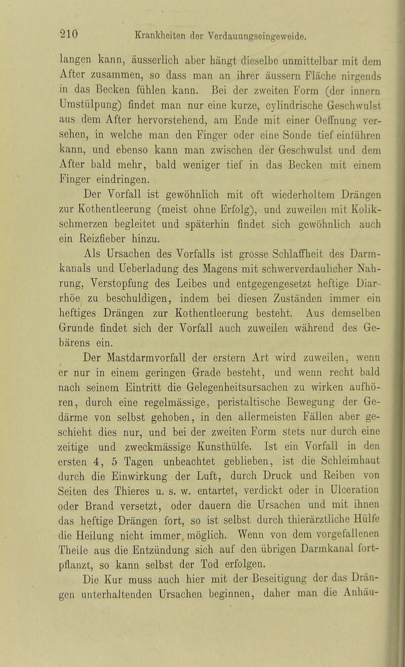 langen kann, äusscrlich aber hängt dieselbe unmittelbar mit dem After zusammen, so dass man an ihrer äussern Fläche nirgends in das Becken fühlen kann. Bei der zweiten Form (der Innern Umstülpung) findet man nur eine kurze, cylindrische Geschwulst aus dem After hervorstehend, am Ende mit einer Oeffnung ver- sehen, in welche man den Finger oder eine Sonde tief einführen kann, und ebenso kann man zwischen der Geschwulst und dem After bald mehr, bald weniger tief in das Becken mit einem Finger eindringen. Der Vorfall ist gewöhnlich mit oft wiederholtem Drängen zur Kothentleerung (meist ohne Erfolg), und zuweilen mit Kolik- schmerzen begleitet und späterhin findet sich gewöhnlich auch ein Reizfieber hinzu. Als Ursachen des Vorfalls ist grosse Schlaffheit des Dann- kanals und Ueberladung des Magens mit schwerverdaulicher Nah- rung, Verstopfung des Leibes und entgegengesetzt heftige Diar- rhöe zu beschuldigen, indem bei diesen Zuständen immer ein heftiges Drängen zur Kothentleerung besteht. Aus demselben Grunde findet sich der Vorfall auch zuweilen während des Ge- bärens ein. Der Mastdarm Vorfall der erstem Art wird zuweilen, wenn er nur in einem geringen Grade besteht, und wenn recht bald nach seinem Eintritt die Gelegenheitsursachen zu wirken aufhö- ren, durch eine regelmässige, peristaltische Bewegung der Ge- därme von selbst gehoben, in den allermeisten Fällen aber ge- schieht dies nur, und bei der zweiten Form stets nur durch eine zeitige und zweckmässige Kunsthülfe. Ist ein Vorfall in den ersten 4, 5 Tagen unbeachtet geblieben, ist die Schleimhaut durch die Einwirkung der Luft, durch Druck und Reiben von Seiten des Thieres u. s. w. entartet, verdickt oder in Ulceration oder Brand versetzt, oder dauern die Ursachen und mit ihnen das heftige Drängen fort, so ist selbst durch thierärztliche Hülfe die Heilung nicht immer, möglich. Wenn von dem vorgefallenen Theile aus die Entzündung sich auf den übrigen Darmkanal fort- pflanzt, so kann selbst der Tod erfolgen. Die Kur muss auch hier mit der Beseitigung der das Drän- gen unterhaltenden Ursachen beginnen, daher man die Anhäu-