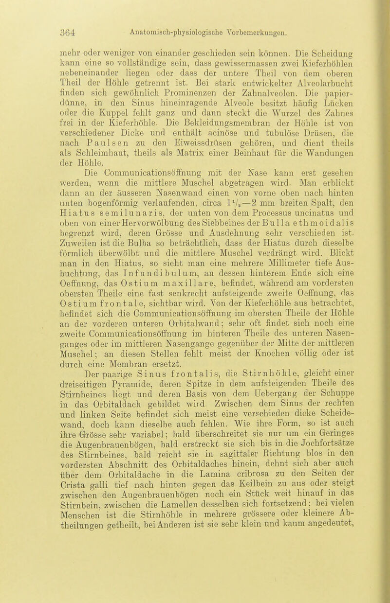 mehr oder weniger von einander geschieden sein können. Die Scheidung kann eine so vollständige sein, dass gewissermassen zwei Kieferhöhlen nebeneinander liegen oder dass der untere Theil von dem oberen Tlieil der Höhle getrennt ist. Bei stark entwickelter Alveolarbucht hnden sich gewöhnlicli Prominenzen der Zahnalveolen. Die papier- dünne, in den Sinus hineinragende Alveole besitzt häufig Lücken oder die Kuppel fehlt ganz und dann steckt die Wurzel des Zahnes frei in der Kieferhöhle. Die Bekleidungsmembran der Höhle ist von verschiedener Dicke und enthält acinöse und tubulöse Drüsen, die nach Paulsen zu den Eiweissdrüsen gehören, und dient theils als Schleimhaut, theils als Matrix einer Beinhaut für die Wandungen der Höhle. Die Communicationsöffnung mit der Nase kann erst gesehen werden, wenn die mittlere Muschel abgetragen wird. Man erblickt dann an der äusseren Nasenwand einen von vorne oben nach hinten unten bogenförmig verlaufenden, circa IVa—2 mm breiten Spalt, den Hiatus s e m i 1 u n a r i s, der unten von dem Processus uncinatus und oben von einer Hervorwölbung des Siebbeines der Bulla e th m o i d al i s begrenzt wird, deren Grösse und Ausdehnung sehr verschieden ist. Zuweilen ist die Bulba so beträchtlich, dass der Hiatus durch dieselbe förmlich überwölbt und die mittlere Muschel verdrängt wird. Blickt man in den Hiatus, so sieht man eine mehrere Millimeter tiefe Aus- buchtung, das Inf un di bulum, an dessen hinterem Ende sich eine Oeffnung, das Ostium maxillare, befindet, während am vordersten obersten Theile eine fast senkrecht aufsteigende zweite Oeffnung, das Ostium frontale, sichtbar wird. Von der Kieferhöhle aus betrachtet, befindet sich die Communicationsöffnung im obersten Theile der Höhle an der vorderen unteren Orbitalwand; sehr oft findet sich noch eine zweite Communicationsöffnung im hinteren Theile des unteren Nasen- ganges oder im mittleren Nasengange gegenüber der Mitte der mittleren Muschel; an diesen Stellen fehlt meist der Knochen völhg oder ist durch eine Membran ersetzt. Der paarige Sinus frontalis, die Stirnhöhle, gleicht einer dreiseitigen Pyramide, deren Spitze in dem aufsteigenden Theile des Stirnbeines liegt und deren Basis von dem üebergang der Schuppe in das Orbitaldach gebildet wiid. Zwischen dem Sinus der rechten und linken Seite befindet sich meist eine verschieden dicke Scheide- wand, doch kann dieselbe auch fehlen. Wie ihre Form, so ist auch ihre Grösse sehr variabel; bald überschreitet sie nur um ein Geringes die Augenbrauenbögen, bald erstreckt sie sich bis in die Jochfortsätze des Stirnbeines, bald reicht sie in sagittaler Richtung blos in den vordersten Abschnitt des Orbitaldaches hinein, dehnt sich aber auch über dem Orbitaldache in die Lamina cribrosa zu den Seiten der Crista galli tief nach hinten gegen das Keilbein zu aus oder steigt zwischen den Augenbrauenbögen noch ein Stück weit hinauf in das Stirnbein, zwischen die Lamellen desselben sich fortsetzend ; bei vielen Menschen ist die Stirnhöhle in mehrere grössere oder kleinere Ab- theilungen getheilt, bei Anderen ist sie sehr klein und kaum angedeutet,