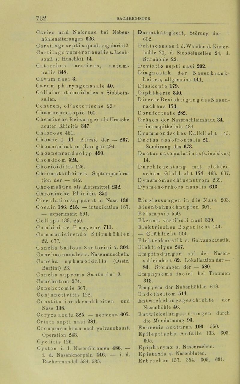 Caries und Nekrose bei Neben- höhleneiterungen 626. Cartilago septi s.quadrangularis!2. Cartilago vomeronasalis s.Jacob- sonii s. Huschkii 14. Catarrhus aestivus, autum- nalis 348. Cavum nas i 3. Cavum pharyngonasale 40. Cellulae ethmoidales s. Siebbein- zellen. Centren, olfactorische 29.* Chamaeprosopie 100. Chemische Heizungen als Ursache acuter Rhinitis 347. Chlorose 451. Choane 1. 14. Atresie der — 267. Choanenhalcen (Lange) 494. Ch oanenrandpolyp 499. Chondrom 524. Chorioiditis 12G. Chromatarbeiter, Septumperfora- tion der — 442. Chromsäure als Aetzmittel 232. Chronische Rhinitis 351. Circulationsapparat u. Nase 136. Cocain 186. 215. — intoxikation 187. — experiment 591. C ollaps 133. 259. Combinirte Empyeme 711. Communicirende Stirnhöhlen 22. 677. Concha bullosa Santorini 7. 304. Conchae nasales s. Nasenmuscheln. Concha sphenoidalis (Ossic. Bertini) 23. Concha suprema Santorini 9. Conchotom 274. Conchotomie 367. Conjunctivitis 122. Constitutionsk ran kh eiten und Nase 138. Coryza acuta 325. — nervosa 607. Crista septi nasi 281. Croupmembran nach galvanokaust. Operation 243. Cyclitis 126. Cysten i. d. Nasonfibromen 486. — i. d. Nasenknorpeln 446. — i. d. Rachenmandel 534. 535. Darmthätigkeit, Störung der — 602. Dehiscenzen i. d.Wänden d. Kiefer- höhle 20, d. Siebbeinzellen 24, d. Stirnhöhle 22. Deviatio septi nasi 292. Diagnostik der Nasenkrank- heiten, allgemeine 141. Diaskopie 179. Diphtherie 340. DirecteBesichtigung desNasen- rachens 173. Dornfortsatz 282. Drüsen der Nasenschleimhaut 34. — intraepitheliale 484. Drummondsc lies Kalklicht 145. Ductus nasofrontalis 21. — Sondirung des 673. Ductusnasopalatinus(s. incisivus) 14. Durchleuchtung mit elektri- schem Glüh licht 174. 468. 637. Dynamomaschinenstrom 239. Dysinenorrhoea nasalis 613. Eingiessungen in die Nase 203. Eisenbahnschnupfen 607. Eklampsie 550. Ekzema vestibuli nasi 319. Elektrisches Bogenlicht 144. — Glüh licht 144. Elektrokaustik s. Galvanokaustik. Elektrolyse 247. Empfindungen auf der Nasen- schleimhaut 62. Lokalisation der — 83. Störungen der — 580. Emphysema faciei bei Traumen 313. Empyem der Nebonhöhien 61S. Endotheliom 514. Entwickelungsgeschichte der Nasenhöhle 46. En twi ckol un gsstöru n ge ti durch die Mundatmung 93. Enuresis nocturna 106. 550. Epileptische Anfällo 133. 603. 605. Epipharynx s. Nasenrachen. Epistaxis s. Nasenbluten. Erbrechen 137. 354. 605. 631.