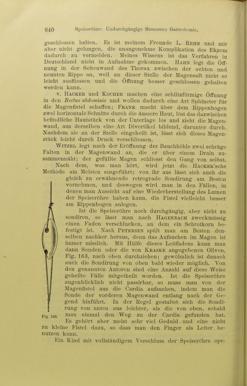 gesclilossen halten. Es ist meinem Freunde L, Kehn und mir aber nicht gelungen, die unangenehme Komplikation des Ekzem dadurch zu vermeiden. Meines Wissens ist das Verfahren in Deutschland niclit in Aufnahme gekommen. Hahn legt die Öff- nung in der Seitenwand des Thorax zwischen der achten und neunten Rippe an, weil an dieser Stelle der Magensaft nicht so leicht ausfliessen und die Öffnung besser geschlossen gehalten werden kann. V. Hacker und Kocher machen eine sclilitzförmige Öffnung in den Eeckis abdominis und wollen dadurch eine Art Sphincter für die Magenfistel schaffen; Frank macht über dem Rippenbogen zwei horizontale Schnitte durch die äussere Haut, löst das dazwischen befindliche Hautstück von der Unterlage los und zieht die Magen- wand, aus derselben eine Art Divertikel bildend, darunter durch. Nachdem sie an der Stelle eingeheilt ist, lässt sich dieses Magen- stück leicht durch Druck verschliessen. WiTZEL legt nach der Eröffnung der Bauchhöhle zwei schräge Falten in der Magenwand an, die er über einem Drain zu- sammennäht; der gefüllte Magen schliesst den Gang von selbst. Nach dem, was man hört, wird jetzt die HACKER'sche Methode am Meisten ausgeführt; von ihr aus lässt sich auch die gleich zu erwähnende retrograde Sondü-ung am Besten vornehmen, und deswegen wird man in den Fällen, in denen man Aussicht auf eine Wiederherstellung des Lumen der Speiseröhre haben kann, die Fistel vielleicht besser am Rippenbogen anlegen. Ist die Speiseröhre noch durchgängig, aber nicht zu sondiren, so lässt man nach Hagenbach zweckmässig einen Faden verschlucken, an dem ein Schrotkorn be- festigt ist. Nach Petersen spült man am Besten den- selben nachher heraus, denn das Aufsuchen im Magen ist immer misslich. Mit Hülfe dieses Leitfadens kann man dann Sonden oder die von Kraske angegebenen Oliven, Fig. 163, nach oben durchziehen; gewöhnlich ist danach auch die Sondirung von oben bald wieder möglich. Von den genannten Autoren sind eine Anzahl auf diese Weise geheilte Fälle mitgetheilt worden. Ist die Speisei-öhre augenblicklich nicht passirbar, so niuss man von der Magenfistel aus die Cardia aufsuchen, indem man die Sonde der vorderen Magenwand entlang nach der Ge- gend hinführt. In der Regel gestaltet sich die Sondi- rung von unten aus leichter, als die von oben, sobald Fig. les. ^^^^ einmal den Weg zu der Cardia gefunden hat. Es gehört aber meist sehr viel Geduld und eine nicht zu kleine Fistel dazu, so dass man den Finger als Leiter l)e- nutzen kann. Ein Kind mit vollständigem Verschluss der Speiseröhre opc-