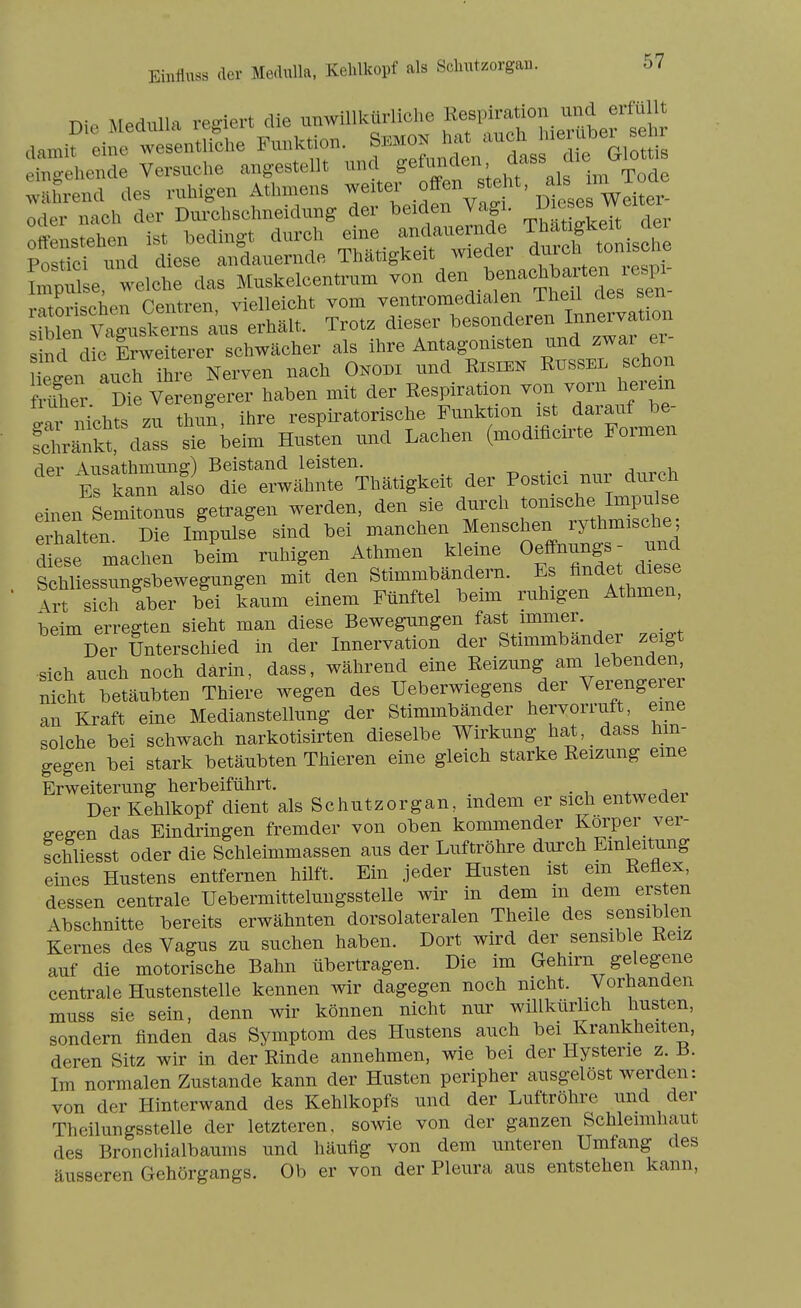 Die Medulla regiert die unwillkürllehe Ke«P'>;f^^^erlehr a.„„it eine wese„tiiel>e -„„f-^^^n fas Te G^^^^^^^ .Miio-ehende Versuche angestellt und geiimacn, ucio hrtnd des ruhigen Athmens weiter offen steht, ab ™ ^ode oder nach der Durohsohneidung der beiden Vagi. y'^?. V/ »!LtXn ist bedingt durch eine andauernde Thatigkeit dei CS tnd diese «dauernde Thätigkeit wieder durch tonische top *e welche das Muskclccntrum von '^^-^^^^^^^l^^ 'Z ot!^vi=PhPTi Pentren vielleicht vom ventromedialen iheil cies sen b rvagustr« Trct. dieser besonderen Innervation Snd die Enveiterer schwächer als ihre Antagonisten und z^ar er eL auehlhre Nerven nach 0mm und EmEN ErssBL schon iüie Die Verengerer haben mit der Respiration von vorn herein « nichts zu thim, ihre respiratorische Funktion ist darauf be- fchrftnkt dass sie teim Husten und Lachen (modificirte Formen Hpr AiTiathmuna:) Beistand leisten. Es kan^ afso die erwähnte Thätigkeit der Postici nur durch einen Semitonus getragen werden, den sie durch fo-sche Im^^^^^^^ erhalten Die Impulse sind bei manchen Menschen rythmische diese machen beim ruhigen Athmen kleine Oeffnun|s- Sohliessunffsbewegungen mit den Stimmbändern. Es hndet diese tif Sch iber bei kaum einem Fünftel beim ruhigen Athmen, beim erregten sieht man diese Bewegungen fast immer. Der Unterschied in der Innervation der Stimmbänder zeigt sich auch noch darin, dass, während eine Eeizung l^^^^^J^' nicht betäubten Thiere wegen des Ueberwiegens der Verenge er an Kraft eine Medianstellung der Stimmbänder hervorruft, eme solche bei schwach narkotisirten dieselbe Wirkung hat, dass hin- gegen bei stark betäubten Thieren eine gleich starke Reizung eine Erweiterung herbeiführt. Der Kehlkopf dient als Schutzorgan, indem er sich entweder sesen das Eindringen fremder von oben kommender Korper vei- schliesst oder die Schleimmassen aus der Luftröhre durch Emleitung eines Hustens entfernen hilft. Ein jeder Husten ist em Reüex, dessen centrale Uebermitteluugsstelle wir in dem m dem ersten Abschnitte bereits erwähnten dorsolateralen Theile des sensiblen Kernes des Vagus zu suchen haben. Dort wird der sensible Reiz auf die motorische Bahn übertragen. Die im Gehirn gelegene centrale Hustenstelle kennen wir dagegen noch nicht. Vorhanden muss sie sein, denn wir können nicht nur willkürlich husten, sondern finden das Symptom des Hustens auch bei Krankheiten, deren Sitz wir in der Rinde annehmen, wie bei der Hysterie z. B. Im normalen Zustande kann der Husten peripher ausgelöst werden: von der Hinterwand des Kehlkopfs und der Luftröhre und der Theilungsstelle der letzteren, sowie von der ganzen Schleimhaut des Bronchialbaums und häufig von dem unteren Umfang des äusseren Gehörgangs. Ob er von der Pleura aus entstehen kann.