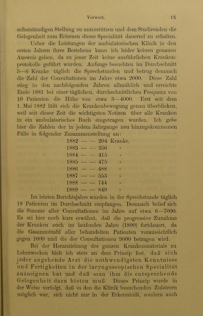 selbstständigen Stellung zu unterstützen und dem Studirenden die Gelegenheit zum Erlernen dieser Specialität dauernd zu erhalten. Ueber die Leistungen der ambulatorischen Klinik in den ersten Jahren ihres Bestehens kann ich leider keinen genauen Ausweis geben, da zu jener Zeit keine ausführlichen Kranken- protokolle geführt wurden. Anfangs besuchten im Durchschnitt 5—6 Kranke täglich die Sprechstunden und betrug demnach die Zahl der Consultationen im Jahre etwa 2000. Diese Zahl stieg in den nachfolgenden Jahren allmählich und erreichte Ende 1881 bei einer täglichen, durchschnittlichen Frequenz von 10 Patienten die Höhe von etwa 3—4000. Erst seit dem 1. Mai 1882 läßt sich die Krankenbewegung genau überblicken, weil seit dieser Zeit die wichtigsten Notizen über alle Kranken in ein ambulatorisches Buch eingetragen wurden. Ich gebe hier die Zahlen der in jedem Jahrgange neu hinzugekommenen Fälle in folgender Zusammenstellung an: 1882 — — 204 Kranke. 1883 — — 356 » 1884 — — 415 » 1885 475 1886 488 1887 553 1888 744 1889 849 Im letzten Berichtsjahre wurden in der Sprechstunde täglich 18 Patienten im Durchschnitt empfangen. Demnach belief sich die Summe aller Consultationen im Jahre auf etwa 6—7000. Es sei hier noch kurz erwähnt, daß die progressive Zunahme der Kranken auch im laufenden Jahre (1890) fortdauert, da die Gesammtzahl aller behandelten Patienten voraussichtlich gegen 1000 und die der Consultationen 9000 betragen wird. Bei der Pieranziehung des ganzen Krankenmaterials zu Lehrzwecken hielt ich stets an dem Princip fest, daß sich jeder angehende Arzt die nothwendigsten Kenntnisse und E'ertigkeiten in der laryngoscopischen Specialität anzueignen hat und daß man ihm die entsprechende Gelegenheit dazu bieten muß. Dieses Princip wurde in der Weise verfolgt, daß es den die Klinik besuchenden Zuhörern möglich war, sich nicht nur in der Erkcnntniß, sondern auch