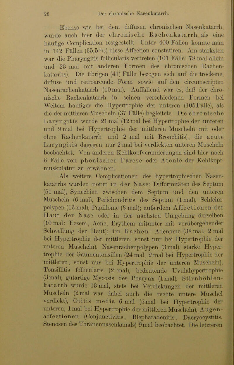 Ebenso wie bei dem diffusen chronischen Nasenkatarrh, wurde auch hier der chronische Rachenkatarrh als eine häufige Complieation festgestellt. Unter 400 Fällen konnte man in 142 Fällen (35,5 °/o) diese Affection constatiren. Am stärksten war die Pharyngitis follicularis vertreten (101 Fälle: 78 mal allein und 23 mal mit anderen Formen des chronischen Rachen- katarrhs). Eie übrigen (41) Fälle bezogen sich auf die trockene, diffuse und retroarcuale Form sowie auf den circumscripten Nasenrachenkatarrh (10 mal). Auffallend war es, daß der chro- nische Rachenkatarrh in seinen verschiedenen Formen bei Weitem häufiger die Hypertrophie der unteren (105 Fälle), als die der mittleren Muscheln (37 Fälle) begleitete. Die chronische Laryngitis wurde 21 mal (12mal bei Hypertrophie der unteren und 9 mal bei Hypertrophie der mittleren Muscheln mit oder ohne Rachenkatarrh und 2 mal mit Bronchitis), die acute Laryngitis dagegen nur 2 mal bei verdickten unteren Muscheln beobachtet. Von anderen Kehlkopfveränderungen sind hier noch 6 Fälle von phonischer Parese oder Atonie der Kehlkopf- muskulatur zu erwähnen. Als weitere Complicationen des hypertrophischen Nasen- katarrhs wurden notirt in der Nase: Difformitäten des Septum (51 mal), Synechien zwischen dem Septum und den unteren Muscheln (6 mal), Perichondritis des Septum (1 mal), Schleim- polypen (13 mal), Papillome (3 mal); außerdem Affectionen der Haut der Nase oder in der nächsten Umgebung derselben (10 mal: Eczem, Acne, Erythem mitunter mit vorübergehender Schwellung der Haut); im Rachen: Adenome (38mal, 2 mal bei Hypertrophie der mittleren, sonst nur bei Hypertrophie der unteren Muscheln), Nas enrach en p oly p en (3 mal), starke Hyper- trophie der Gaumentonsillen (24 mal, 2 mal bei Hypertrophie der mittleren, sonst nur bei Hypertrophie der unteren Muscheln), Tonsillitis follicularis (2 mal), bedeutende Uvulahypertrophie (3mal), gutartige Mycosis des Pharynx (lmal). Stirnhöhlen- katarrh wurde 13 mal, stets bei Verdickungen der mittleren Muscheln (2 mal war dabei auch die rechte untere Muschel verdickt), Otitis media 6 mal (5mal bei Hypertrophie der unteren, lmal bei Hypertrophie der mittleren Muscheln), Augen- affectionen (Conjunctivitis, Blepharadenitis, Dacryocystitis, Stenosen des Thränennasenkanals) 9 mal beobachtet. Die letzteren