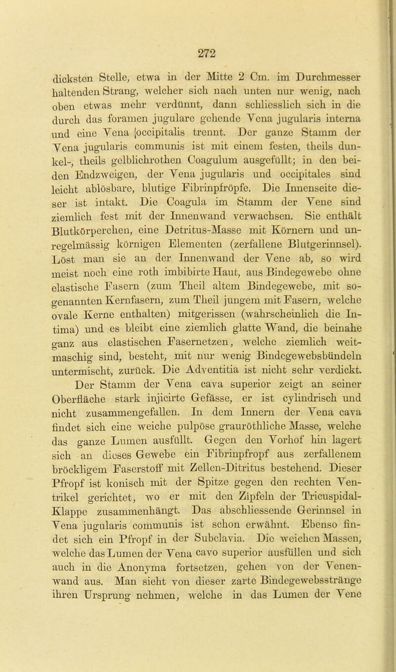 dicksten Stelle, etwa in der Mitte 2 Cm. im Durchmesser haltenden Strang, welcher sich nach unten nur wenig, nach oben etwas mehr verdünnt, dann schliesslich sich in die dm'ch das foramen jugulare gehende Vena jugularis interna und eine Vena [occipitalis trennt. Der ganze Stamm der Vena jugularis communis ist mit einem festen, theils dun- kel-, theils gelblichrothen Coagulum ausgefüllt; in den bei- den Endzweigen, der Vena jugularis und occipitales sind leicht ablösbare, blutige Fibrinpfi'öpfe. Die Innenseite die- ser ist intakt. Die Coagula im Stamm der Vene sind ziemlich fest mit der Innenwand verwachsen. Sie enthält Blutkörperchen, eine Detritus-Masse mit Körnern und un- regelmässig körnigen Elementen (zerfallene Blutgerinnsel). Löst man sie an der Innenwand der Vene ab, so wird meist noch eine roth imbibirte Haut, aus Bindegewebe ohne elastische Fasern (zum Theil altem Bindegewebe, mit so- genannten Kernfasern, zum Theil jungem mit Fasern, welche ovale Kerne enthalten) mitgerissen (wahi-scheinhch die In- tima) und es bleibt eine ziemlich glatte Wand, die beinahe o-anz aus elastischen Fasernetzen, welche ziemlich weit- maschig sind, besteht, mit nur wenig Bindcgewebsbündeln \mtermischt, zm'ück. Die Adventitia ist nicht sehr verdickt Der Stamm der Vena cava superior zeigt an seiner Oberfläche stark injicirte Gefässe, er ist cyhndrisch und nicht zusammengefallen. In dem Innern der Vena cava findet sich eine weiche pulpöse grauröthliche Masse, welche das ganze Lumen ausfüllt. Gegen den Vorhof hin lagert sich an dieses Gewebe ein Fibrinpfropf aus zerfallenem bröcklio-em Faserstoff mit Zellen-Ditritus bestehend. Dieser Pfropf ist konisch mit der Spitze gegen den rechten Ven- trikel gerichtet, wo er mit den Zipfeln der Tricuspidal- Klappe zusammenhängt. Das abschliessende Gerinnsel in Vena jugularis communis ist schon erwähnt. Ebenso fin- det sich ein Pfropf in der Subclavia. Die weichen Massen, welche das Lumen der Vena cavo superior ausfüllen und sich auch in die Anonyma fortsetzen, gehen von der Venen- wand aus. Man sieht von dieser zarte Bindegewebsstränge ihren Ursprung nehmen, welche in das Lumen der Vene