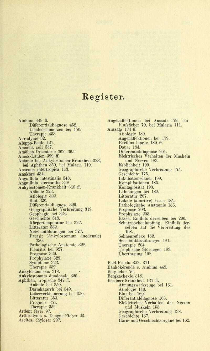 Register. Ainhum 449 ff. Differentialdiagnose 452. Lendenschmerzen bei 450. Therapie 453. Akrodynie 32. Aleppo-Beule 421. Amoeba coli 357. Amöben-Dysenterie 362. 365. Amok-Laufen 399 ff. Anämie bei Ankylostomen-Krankheit 323, bei Aphthen 350, bei Malaria 110. Anaemia intertropica 113. Anakhre 434. Anguillula intestinalis 348. Anguillula stercoralis 348. Ankylostomen-Krankheit 318 ff. Anämie 323. Ätiologie 322. Blut 326. Differentialdiagnose 329. ,^ Geographische Verbreitung 319. Geophagie bei 324. Geschichte 318. Körpertemperatur bei 327. Litteratur 332. Netzhautblutungen bei 327. Parasit (Ankylostomum duodenale) 320. Pathologische Anatomie 328. Pleuritis bei 327. Prognose 329. Prophylaxe 329. Symptome 323. Therapie 332. Ankylostomiasis 318. Ankylostomum duodenale 320. Aphthen, tropische 347 ff. Anämie bei 350. Darmkatarrh bei 349. Leberverkleinerung bei 350. Litteratur 353. Prognose 351. Therapie 352. Ardent fever 97. Arthrodynia s. Dengue-Fieber 23. Ascites, chylöser 297. Augenaffektionen bei Aussatz 179, bei Flufsfieber 70, bei Malaria III. Aussatz 174 ff. Ätiologie 189. Augenaffektionen bei 179. Bacillus leprae 189 ft'. Dauer 184. Differentialdiagnose 201. Elektrisches Verhalten der Muskeln und Nerven 183. Erblichkeit 199. Geographische Verbreitung 175. Geschichte 175. Inkubationsdauer 199. Komplikationen 185. Kontagiosität 193. Lähmungen bei 182. Litteratur 207. Lokale (abortive) Form 185. Pathologische Anatomie 185. Prognose 203. Prophylaxe 203. Rasse, Einflufs derselben bei 200. Schutzpockenimpfung, Einflufs der- selben auf die Verbreitung des 198. Sehnenreflexe 182. Sensibilitätsstörungen 181. Therapie 204. Trophische Störungen 183. Übertragung 198. Bael-Frucht 352. 371. Bankokerende s. Ainhum 449. Bergfieber 76. Bergkachexie 318. Beriberi-Krankheit 137 ff. AtmungsWerkzeuge bei 161. Ätiologie 140. Blut bei 160. Differentialdiagnose 168. Elektrisches Verhalten der Nerven und Muskeln 155. Geographische Verbreitung 138. Geschichte 137. Harn- und Geschlechtsorgane bei 162.